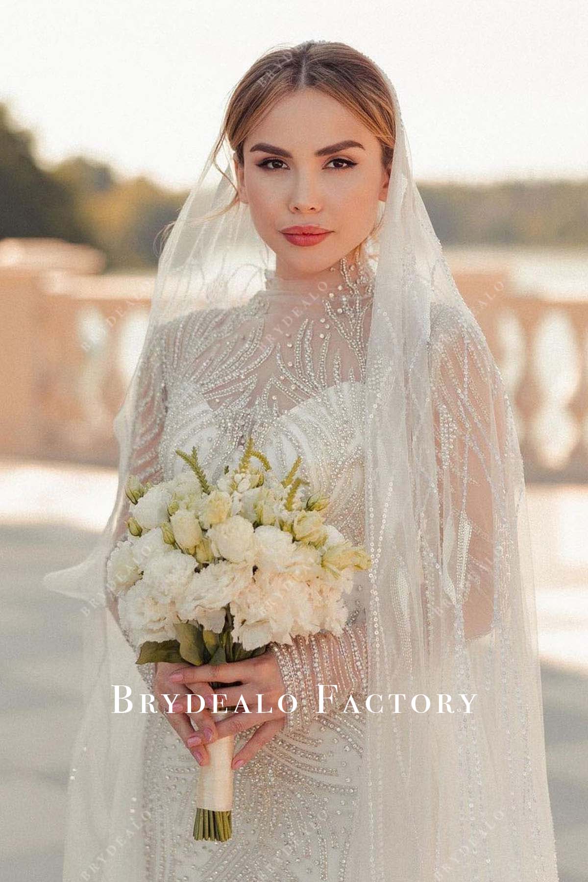chinese dress ladies Sheer Long Sleeves Shimmer Fit and Flare Wedding Dress