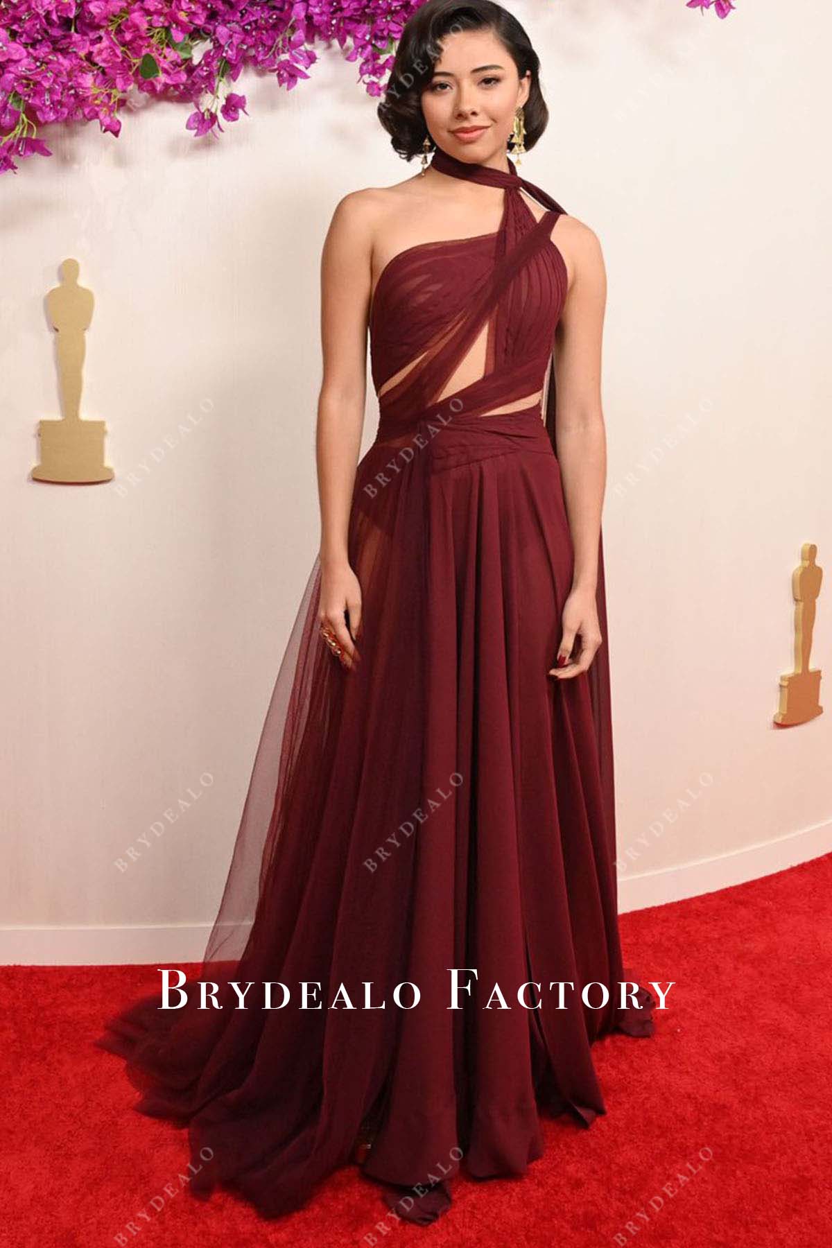 Xochitl Gomez 2024 Oscars Burgundy Chiffon Red Carpet Dress Xochitl Gomez 2024 Oscars Burgundy Chiffon Red Carpet Dress