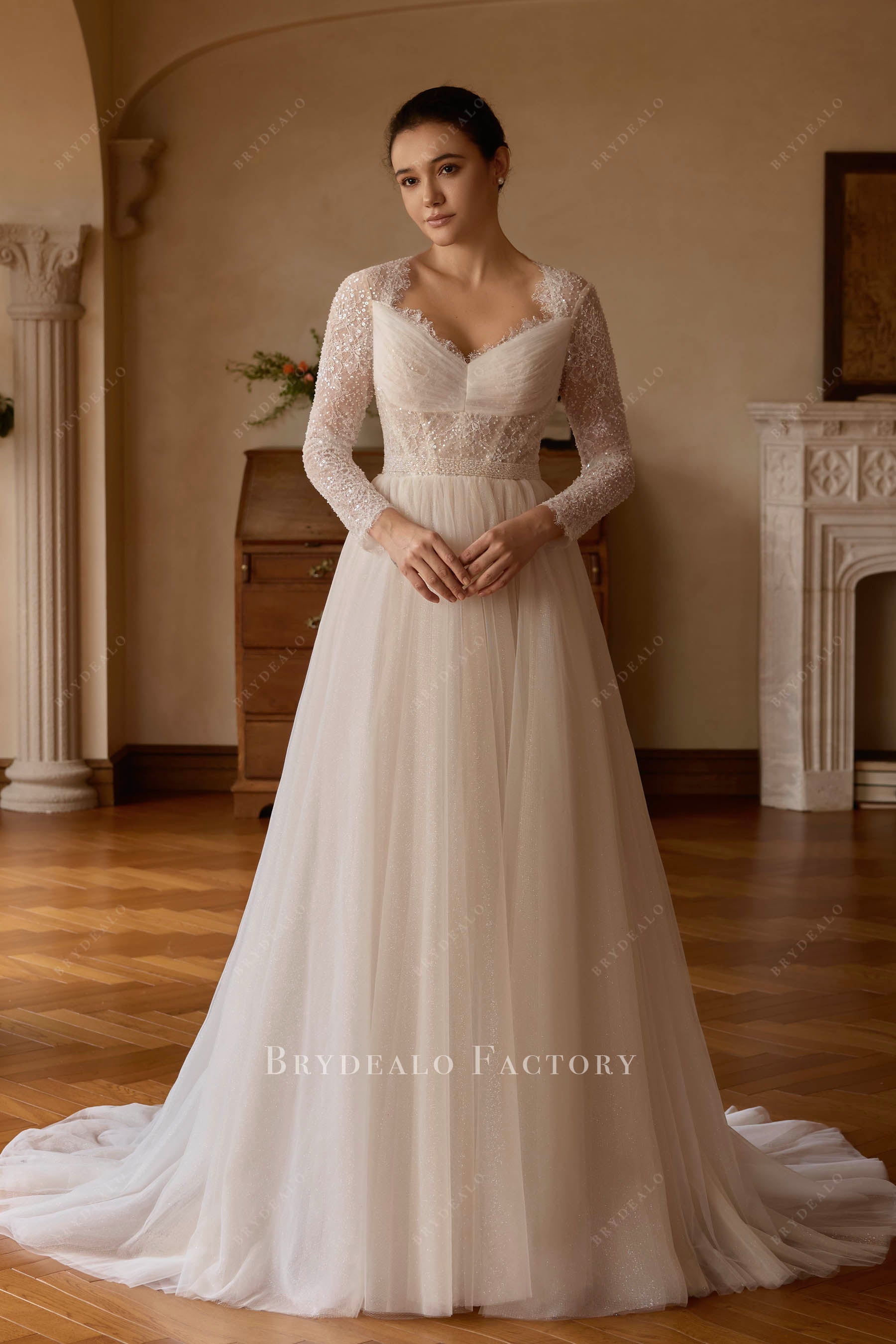 fitted lace wedding dress Lace Long Sleeve Luxury Long Train Beauty Noivas Wedding Dresses DW385 –  TANYA BRIDAL main image 0