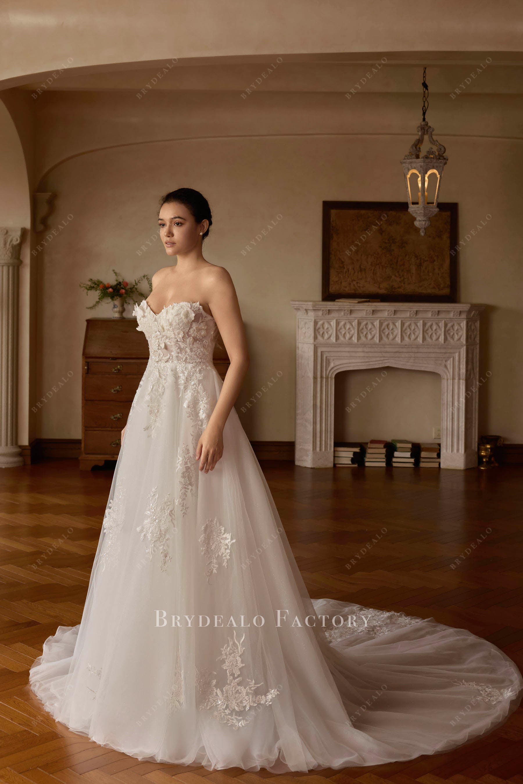 a line long train wedding dress