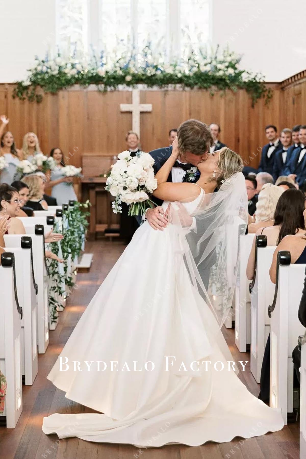 a line long train wedding dress