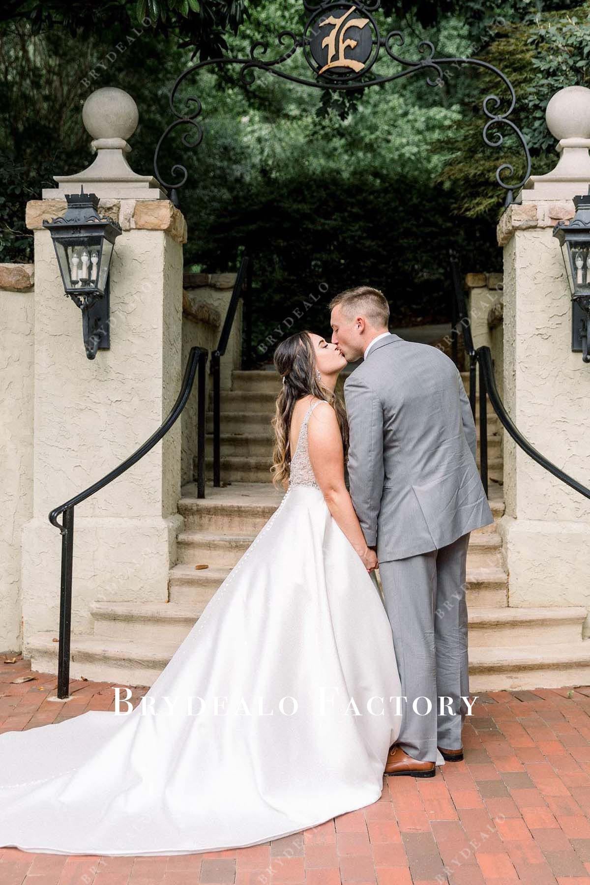 a line long train wedding dress