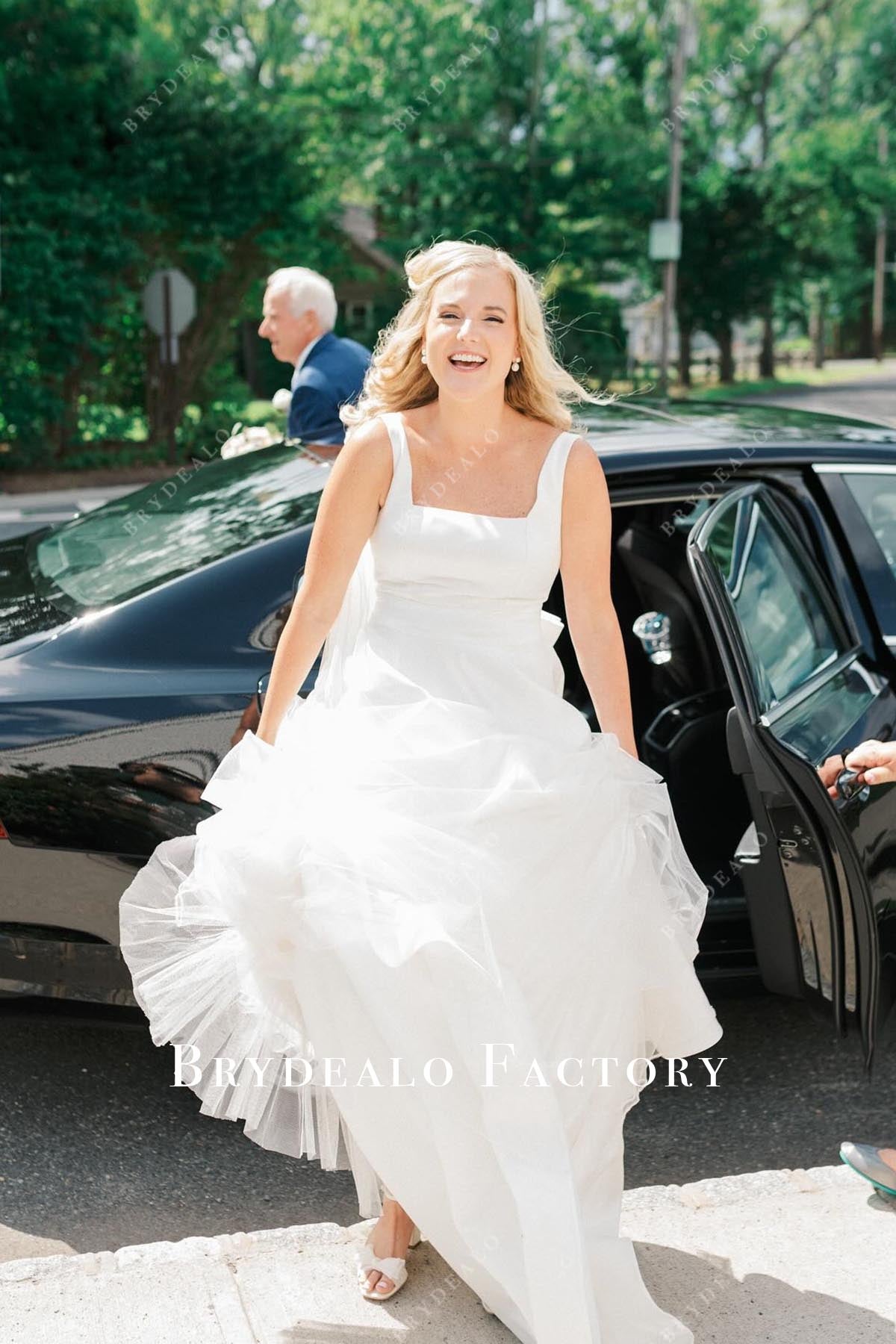 a line long train wedding dress