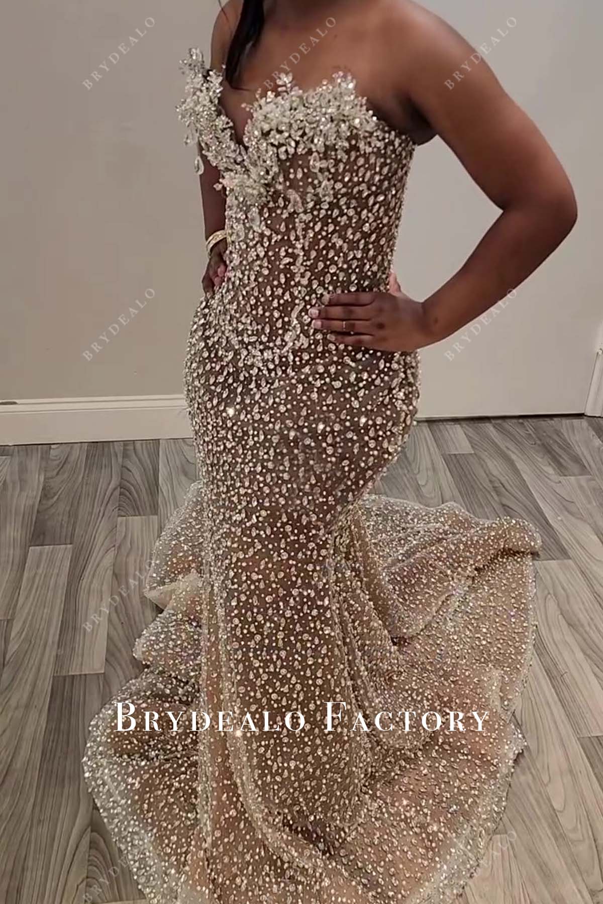 Allover Crystal Rhinestone Scattered Strapless Mermaid Prom Dress