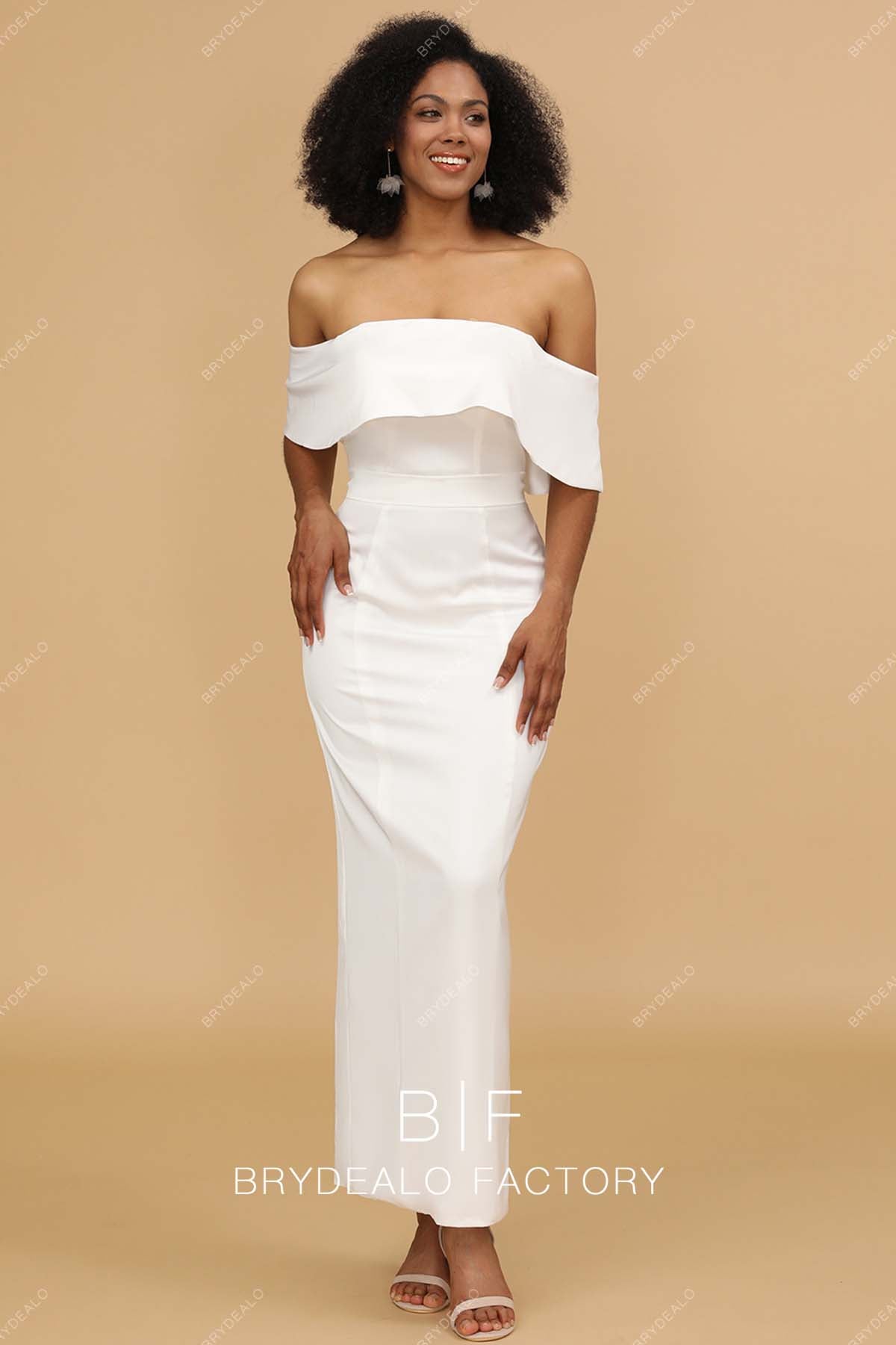 Elegant White Off-Shoulder Column Ankle Length Slit Bridesmaid Dress Elegant White Off-Shoulder Column Ankle Length Slit Bridesmaid Dress