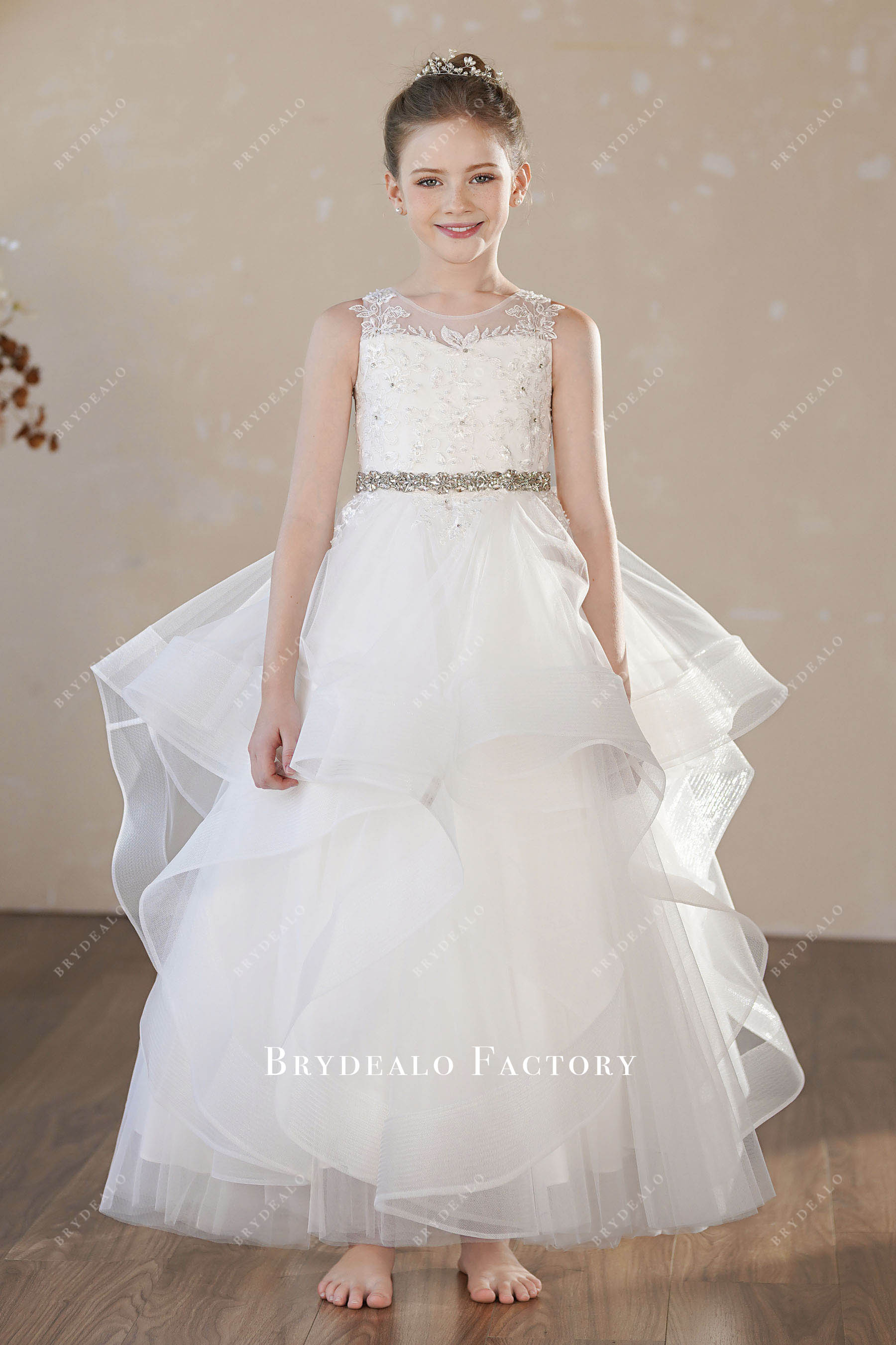 Ankle Length White Lace Ruffled 1st Communion Dress for Girls