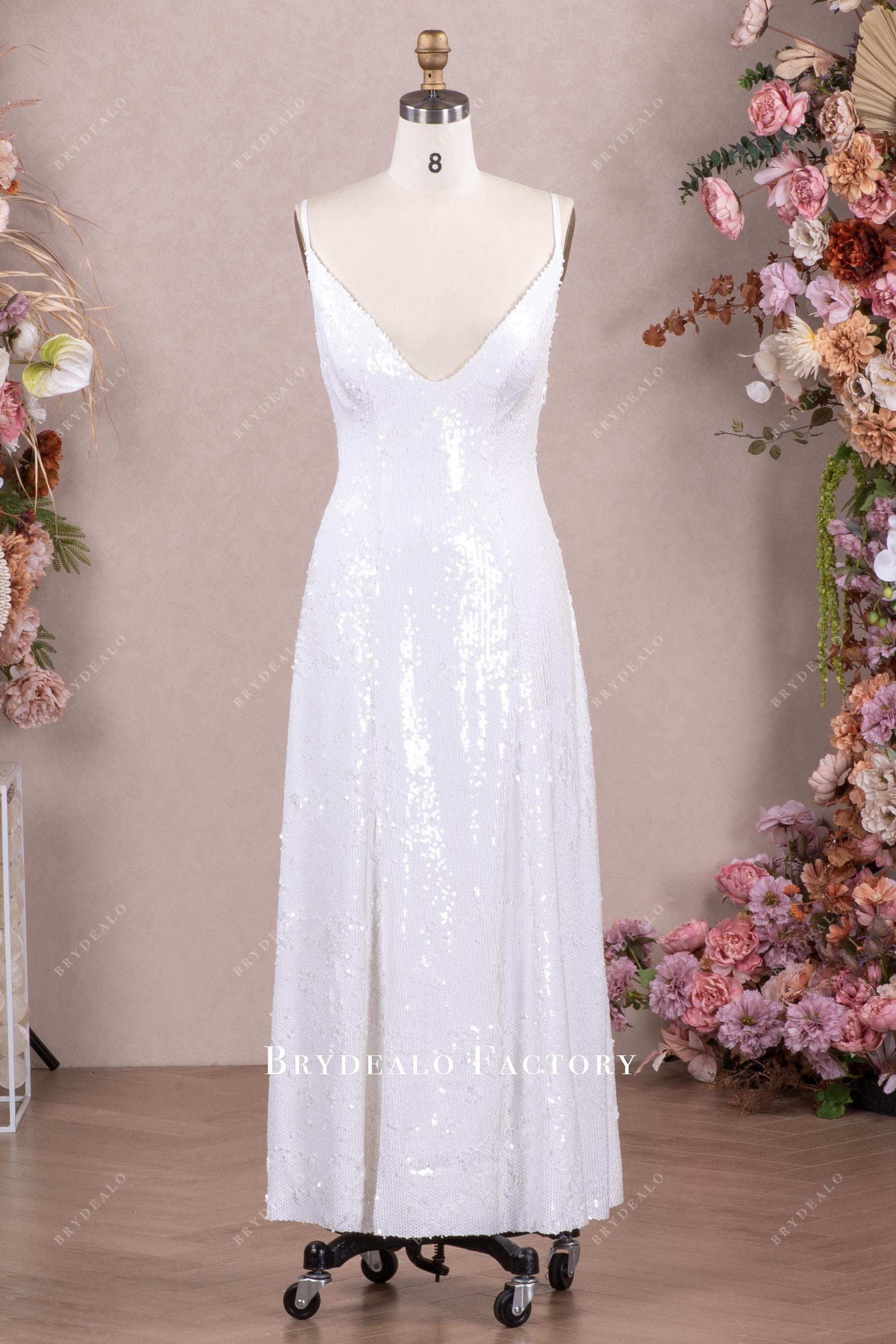 White Sequin Ankle Length Wedding After Party Dress