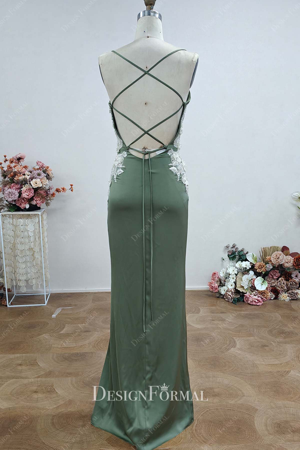 Custom Army Green Satin Lace Appliqué Mother of Groom Dress