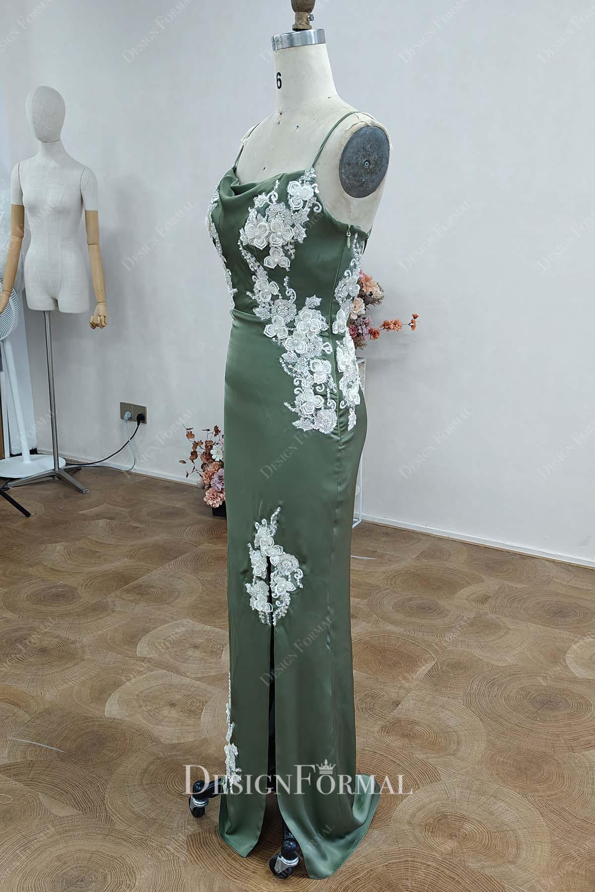 Custom Army Green Satin Lace Appliqué Mother of Groom Dress