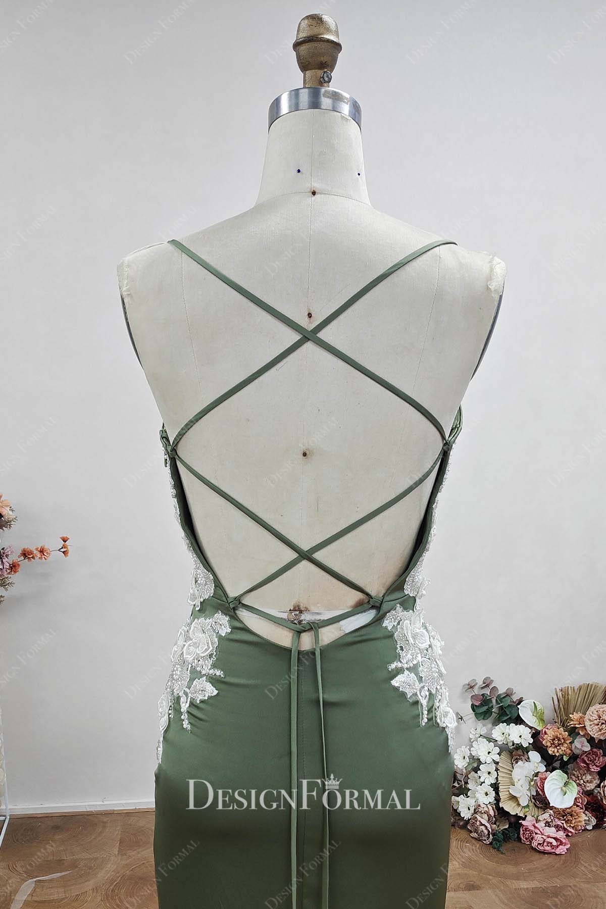 army green satin crisscross back formal dress