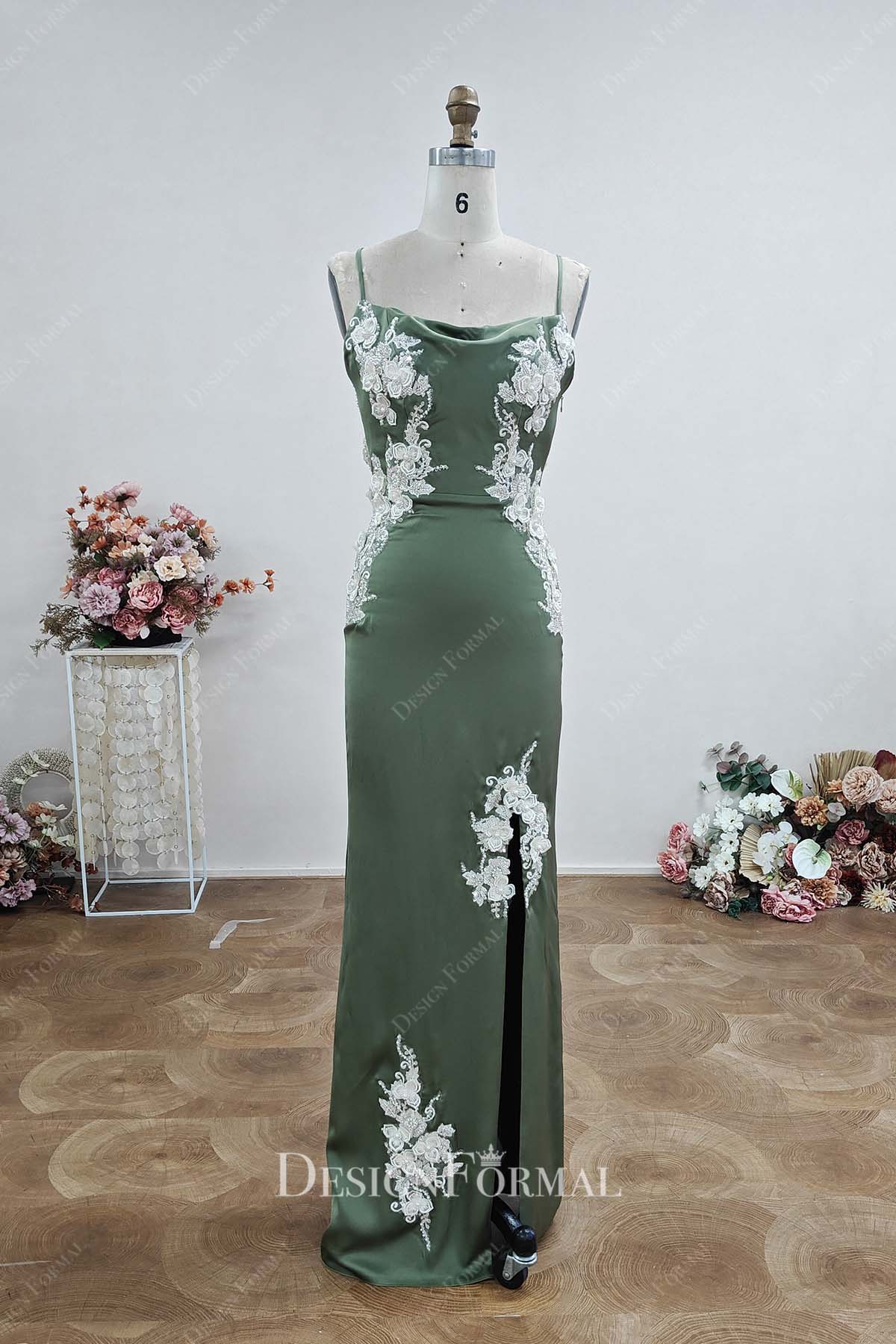army green split column formal dress