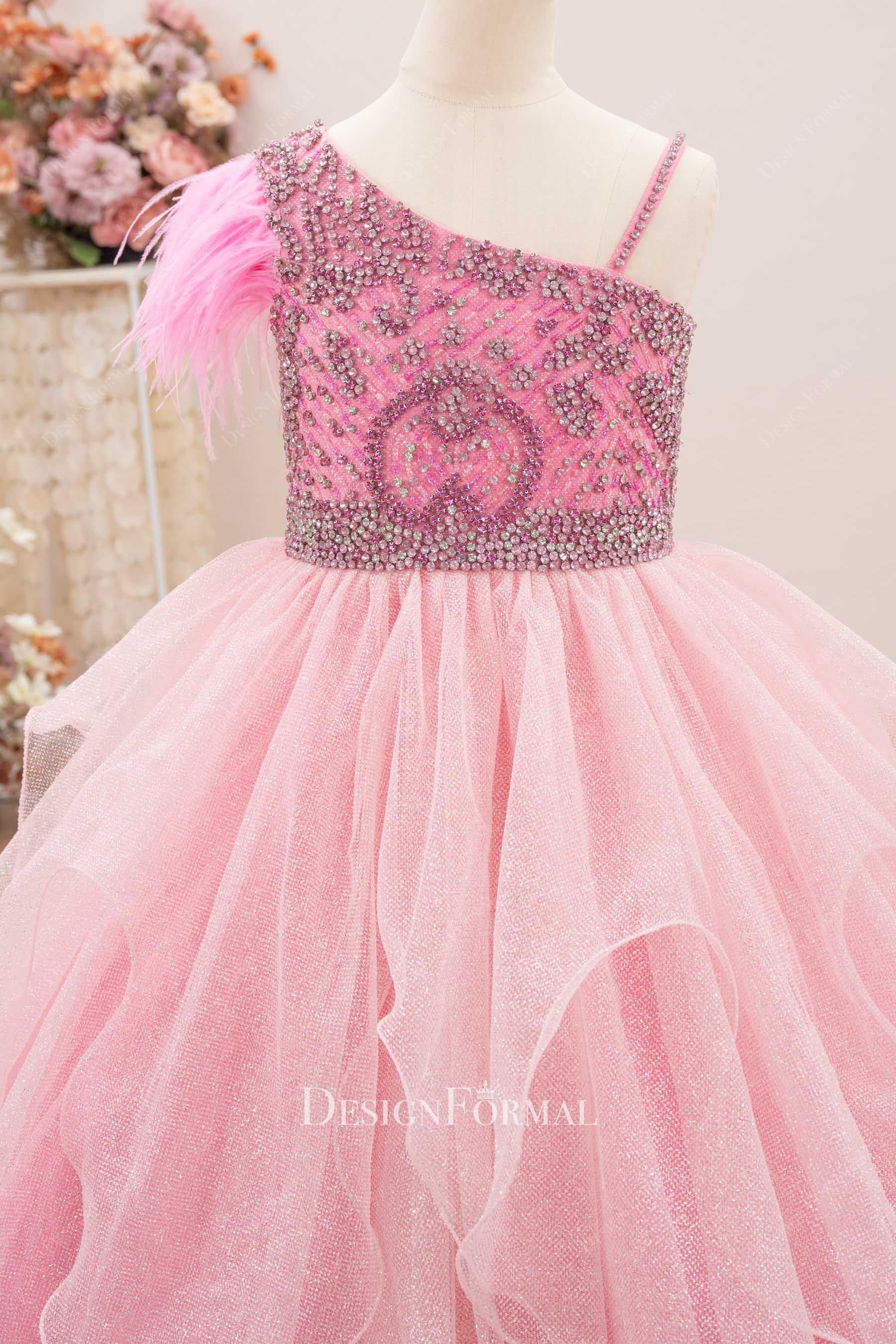 asymmetrical neckline glitter pink tulle a line pageant gown