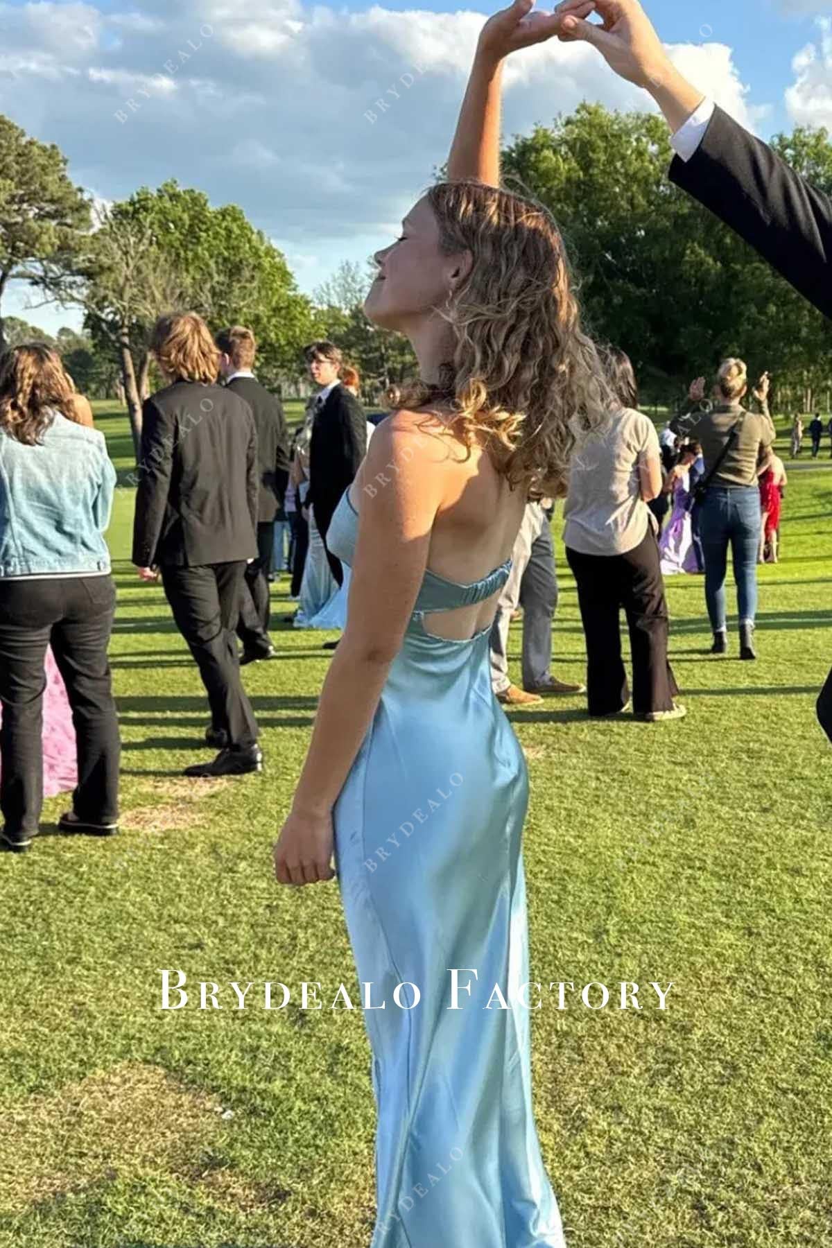 baby blue strapless long prom dress