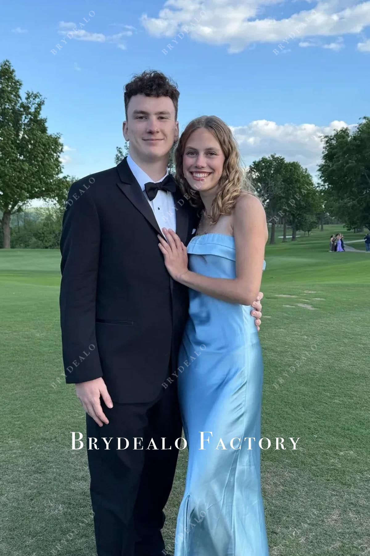 baby blue strapless prom dress