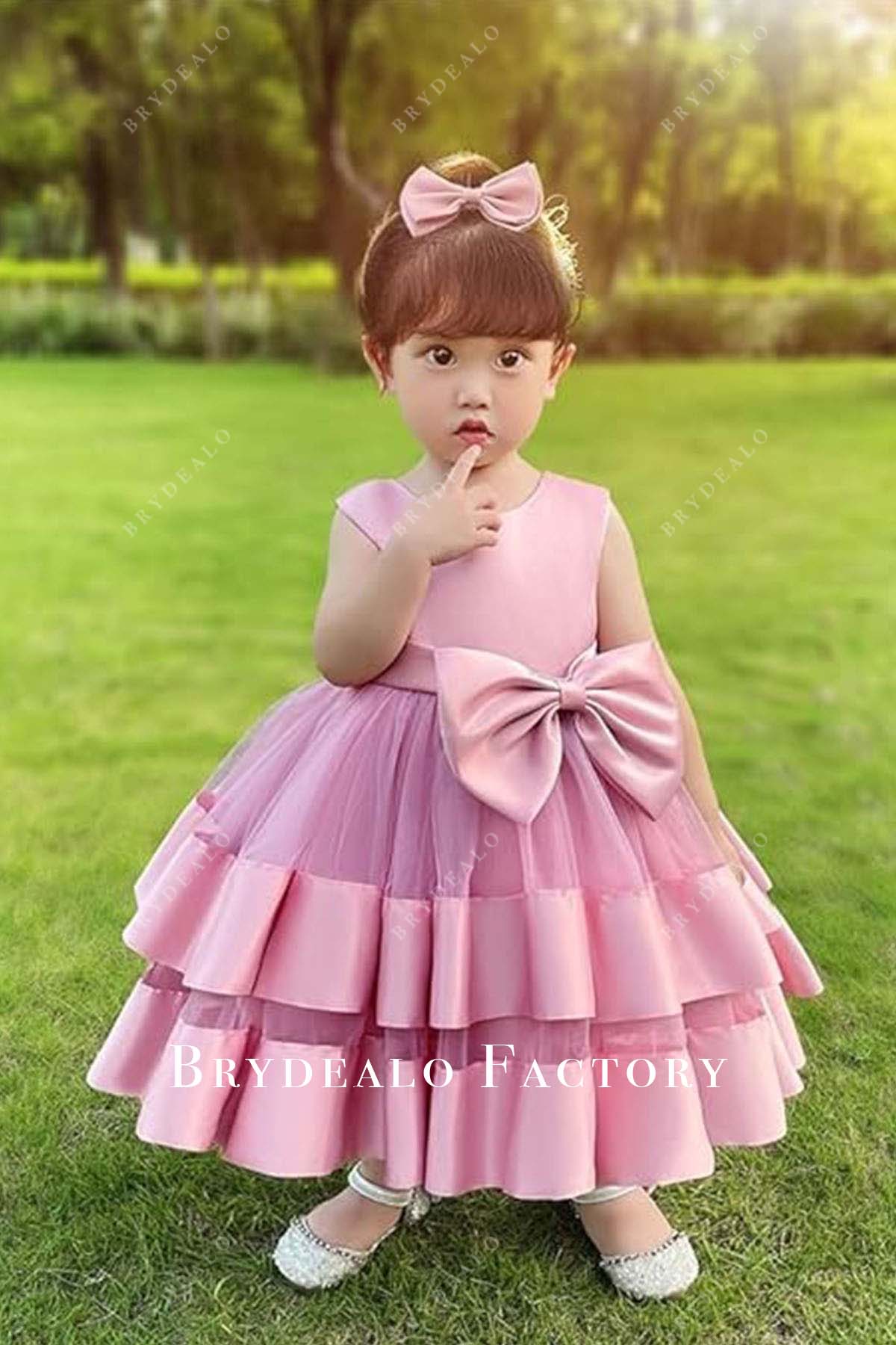 open lace back dress Adorable Big Bow Pink Tiered Satin Tulle Flower Girl Dress