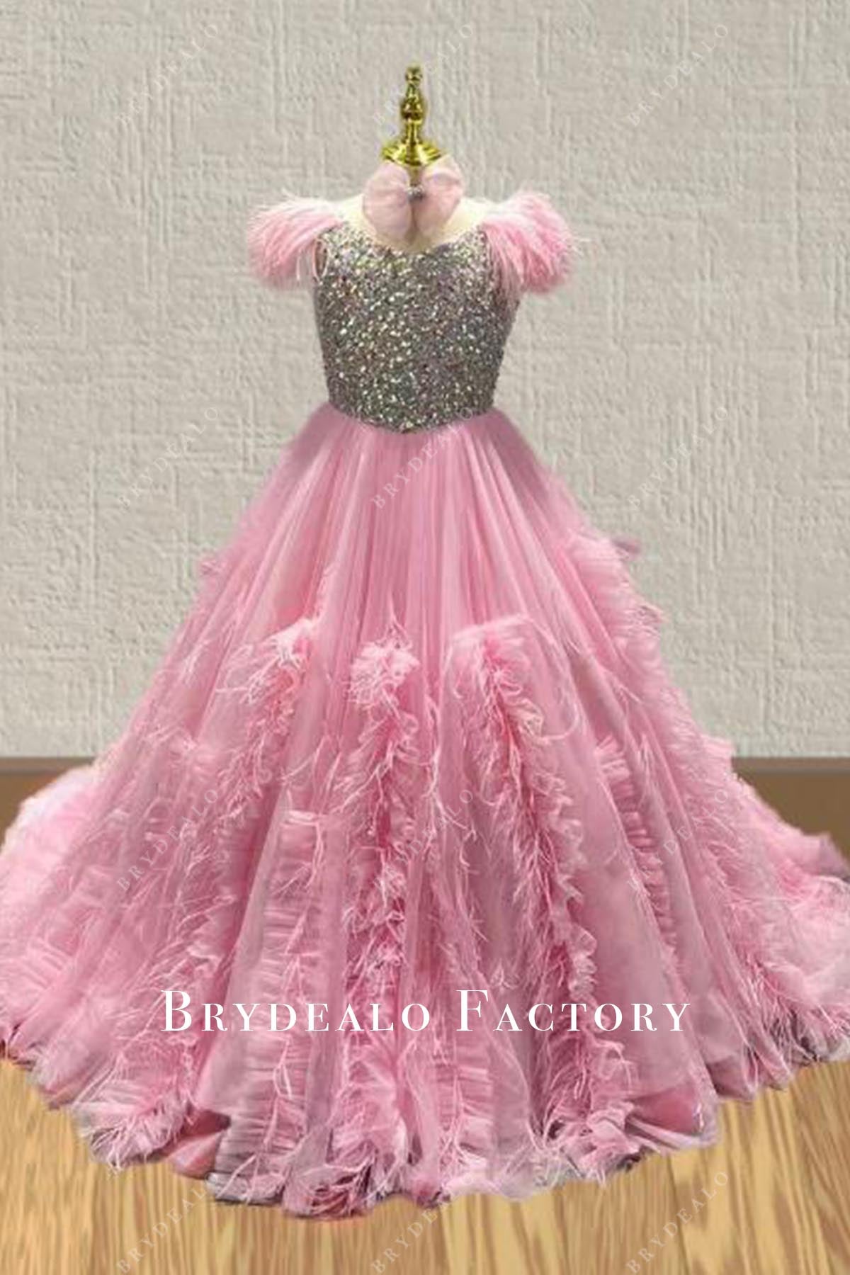 Crystals Baby Pink V-Neck A-Line Feathered Kids Pageant Dress Crystals Baby Pink V-Neck A-Line Feathered Kids Pageant Dress