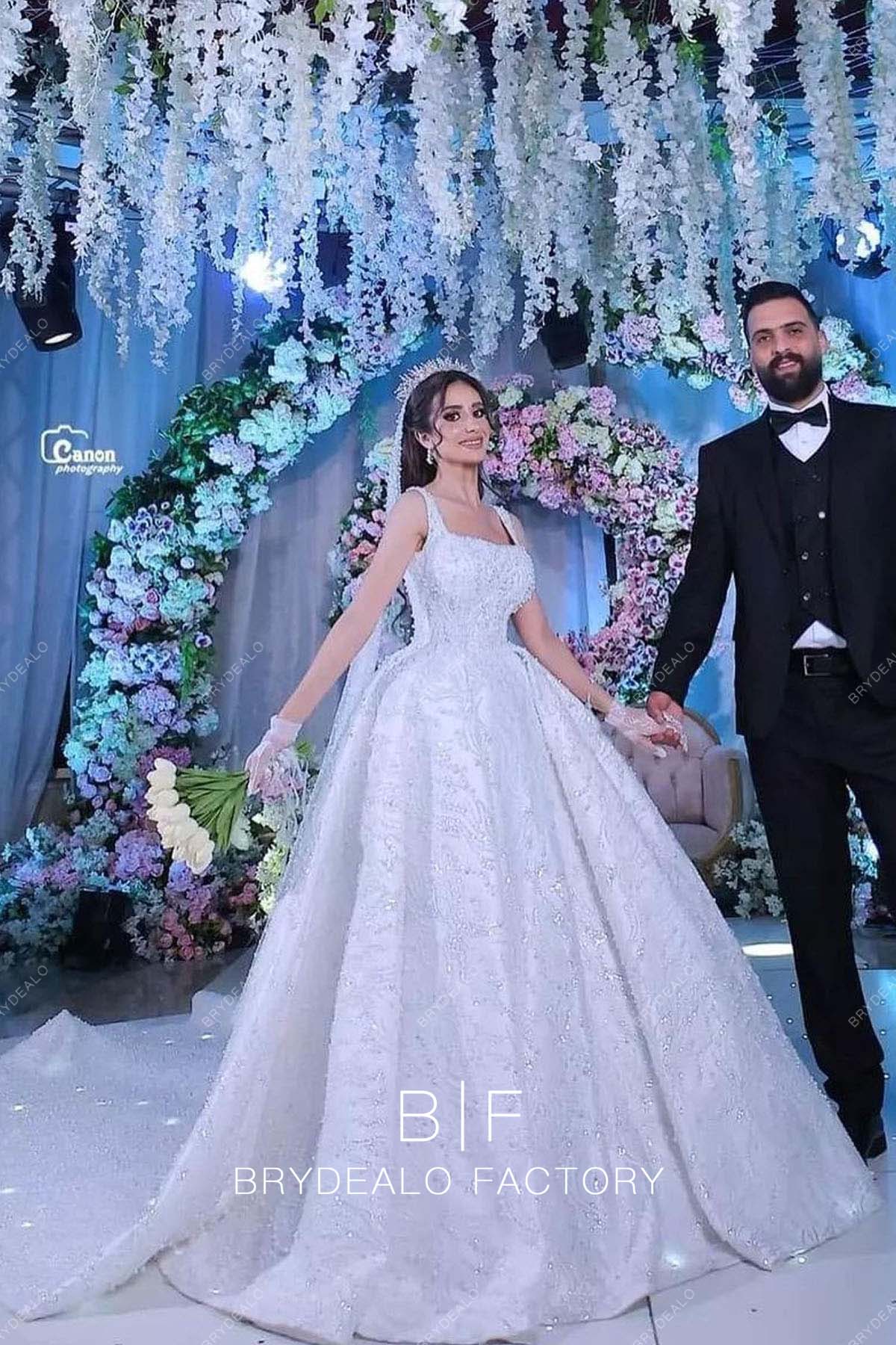 Luxury Pearls Square Neck Ball Gown Wedding Dress