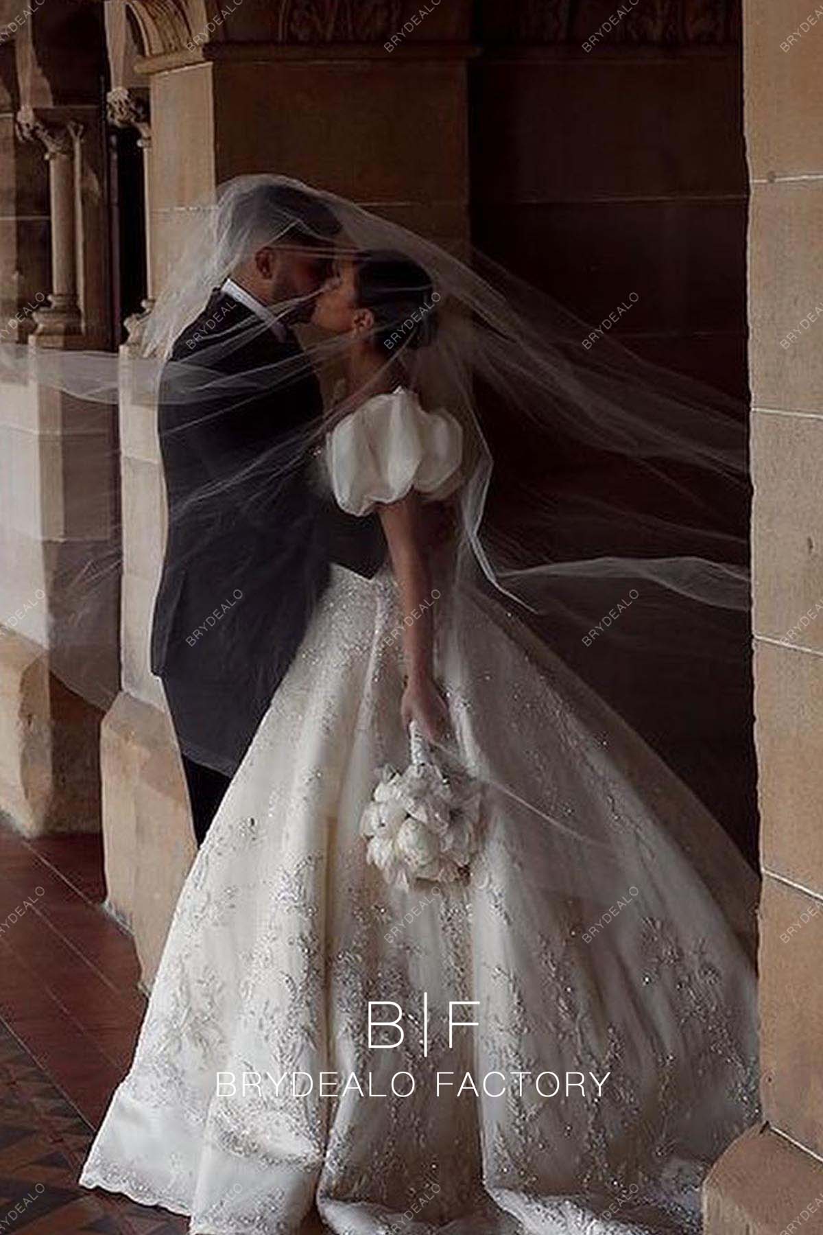 short puffy sleeves ball gown designer lace church bridal gown