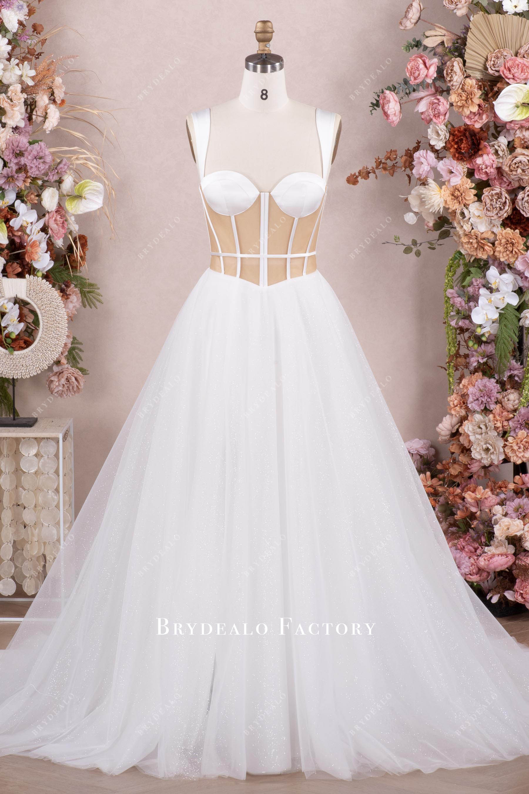 Shimmery Tulle Wide Straps Corset A-Line Wedding Dress