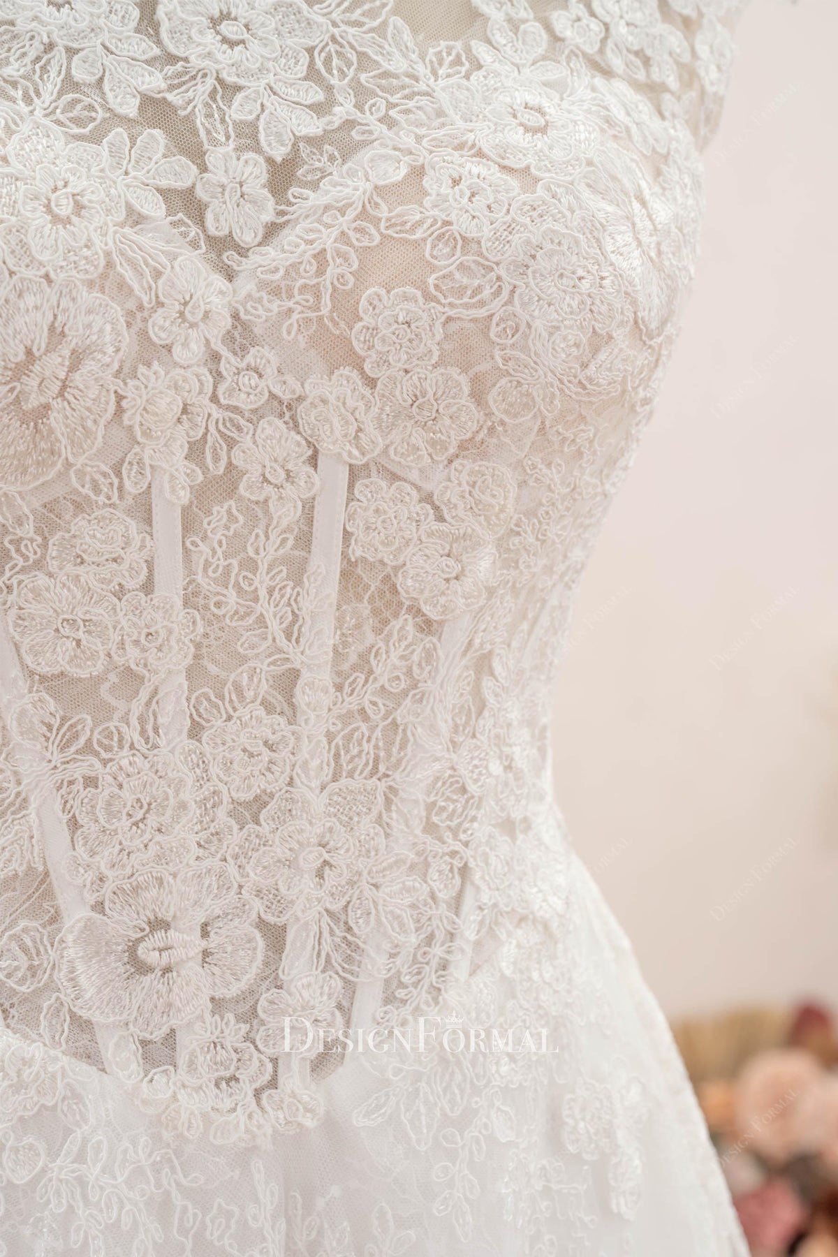 Basque waist illusion lace wedding dress
