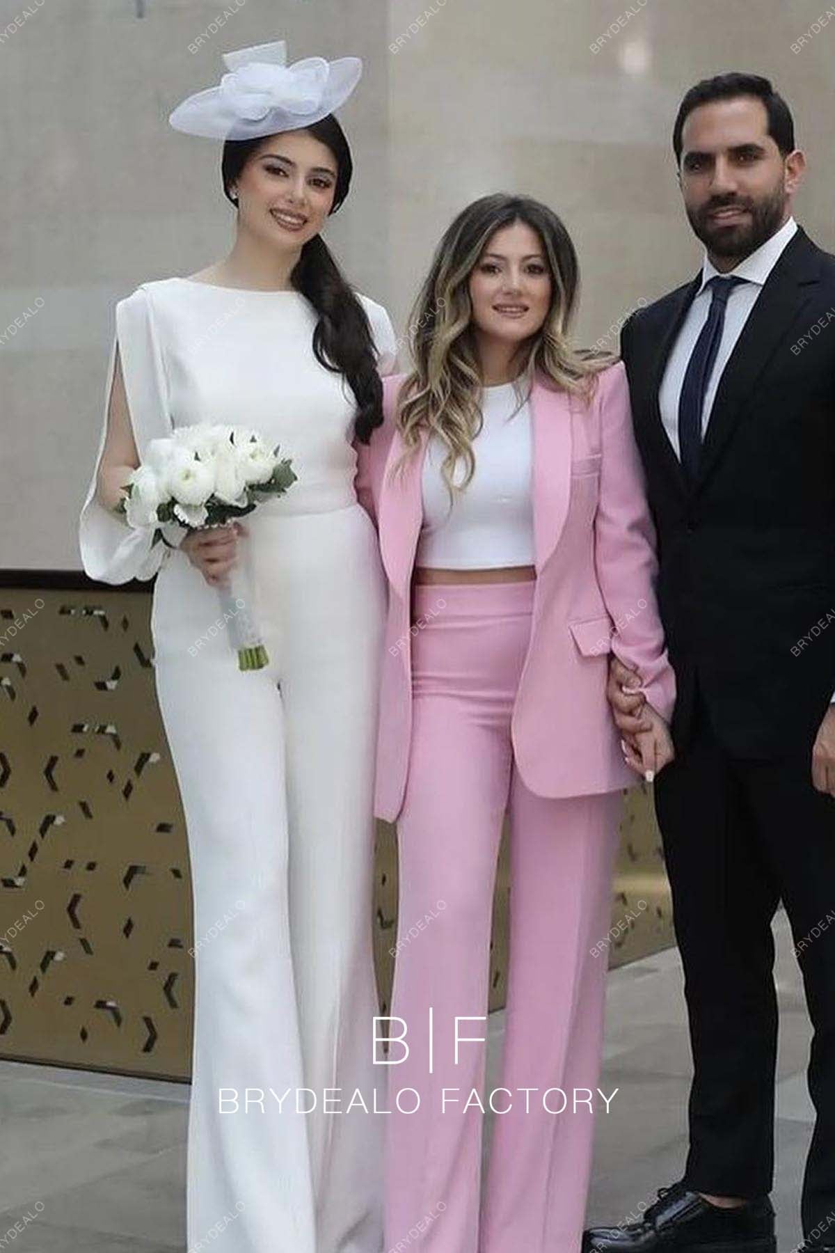 White Crepe Vintage Split Bishop Sleeves Bridal Jumpsuit