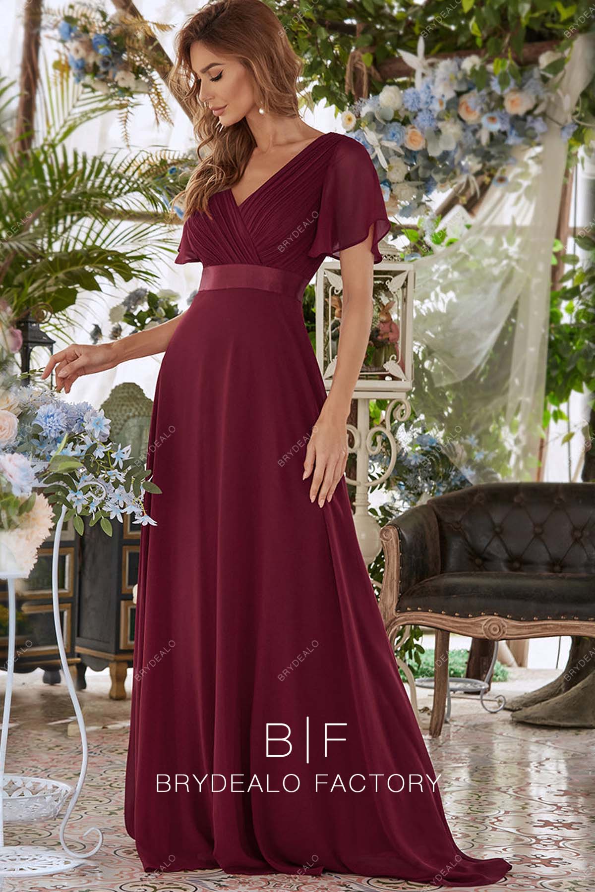 Burgundy Chiffon Batwing Sleeves Long A-line Bridesmaid Evening Dress Burgundy Chiffon Batwing Sleeves Long A-line Bridesmaid Evening Dress