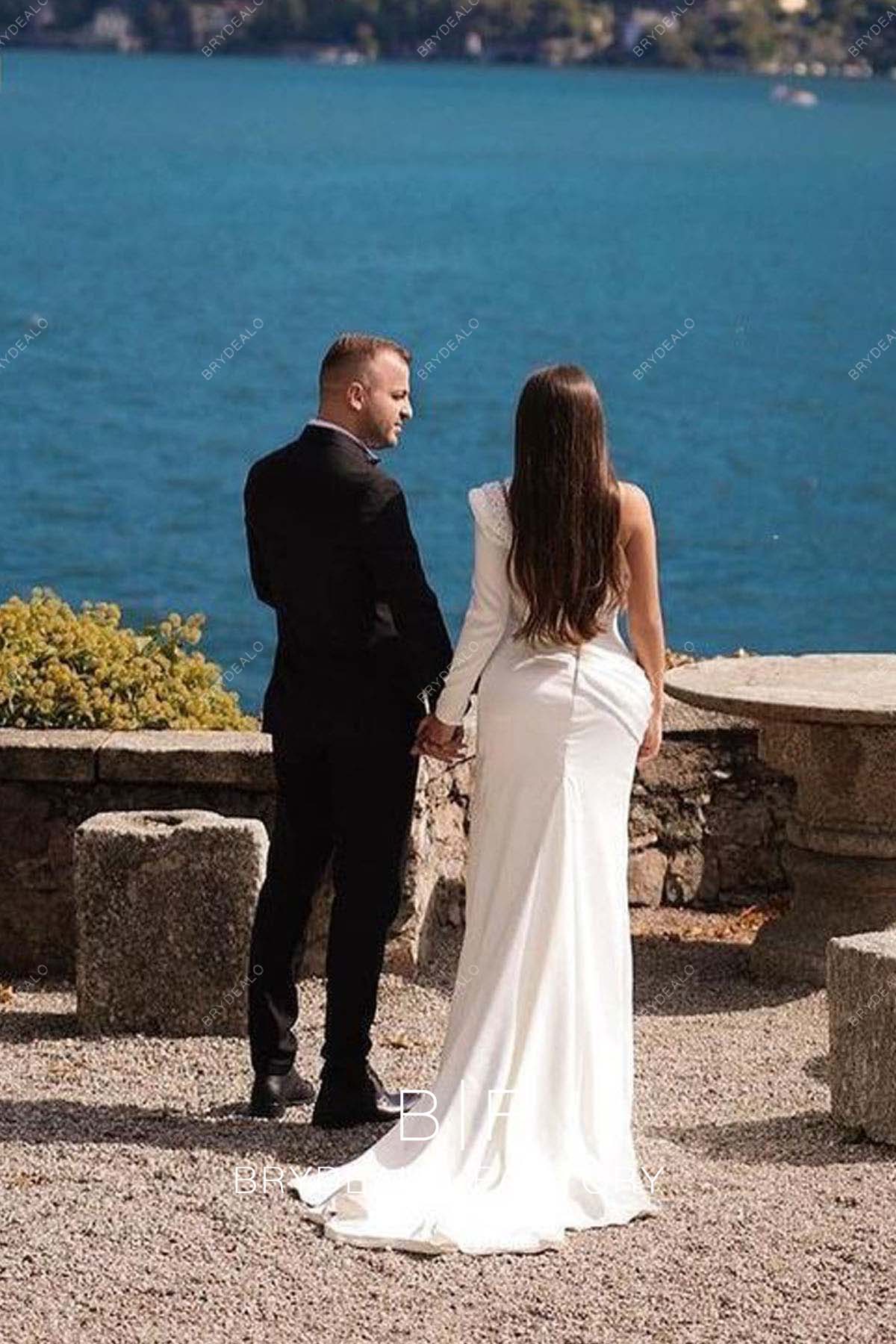 One Sleeve Satin Mermaid Beach Wedding Dress