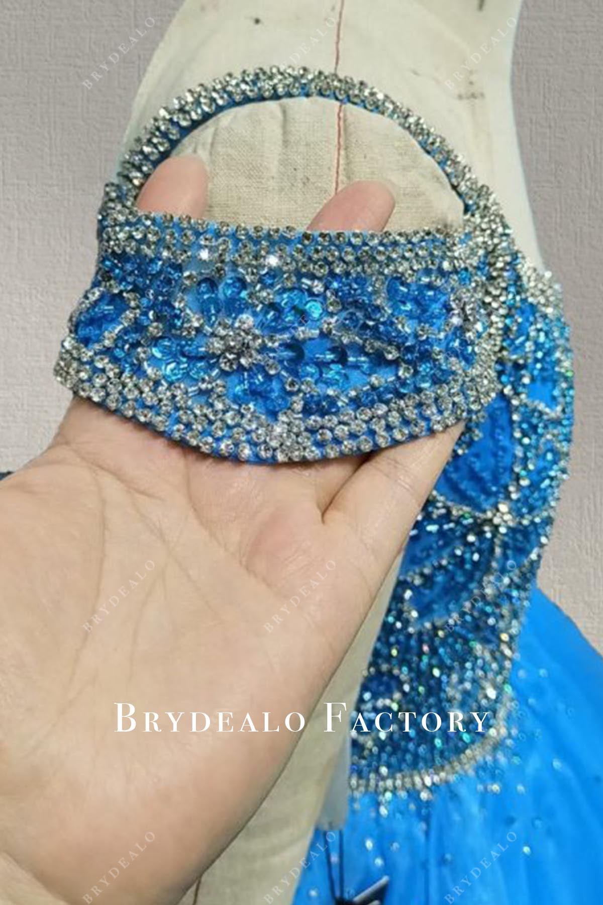 Rhinestones Cold Shoulder Sleeves Blue Jay Pageant Dress