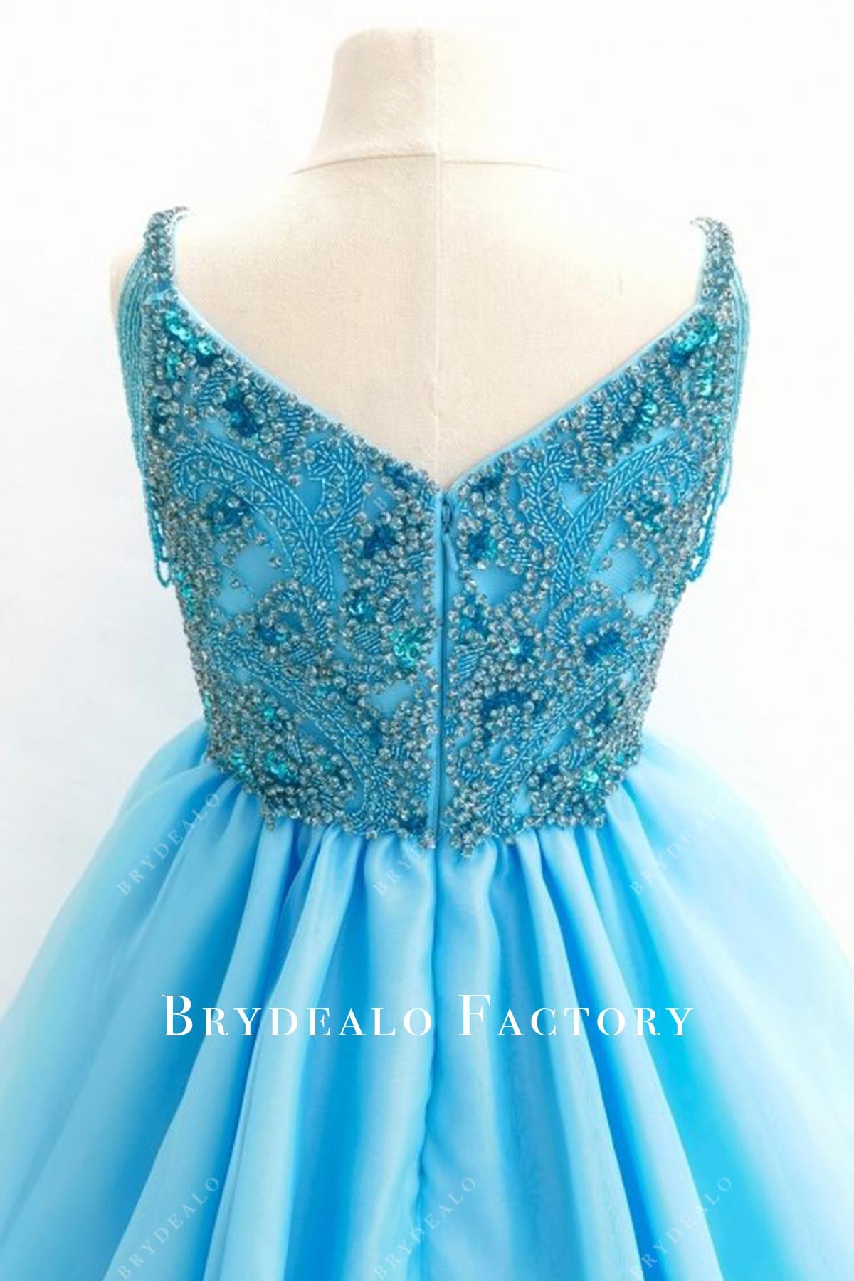 beaded blue v back pageant dress