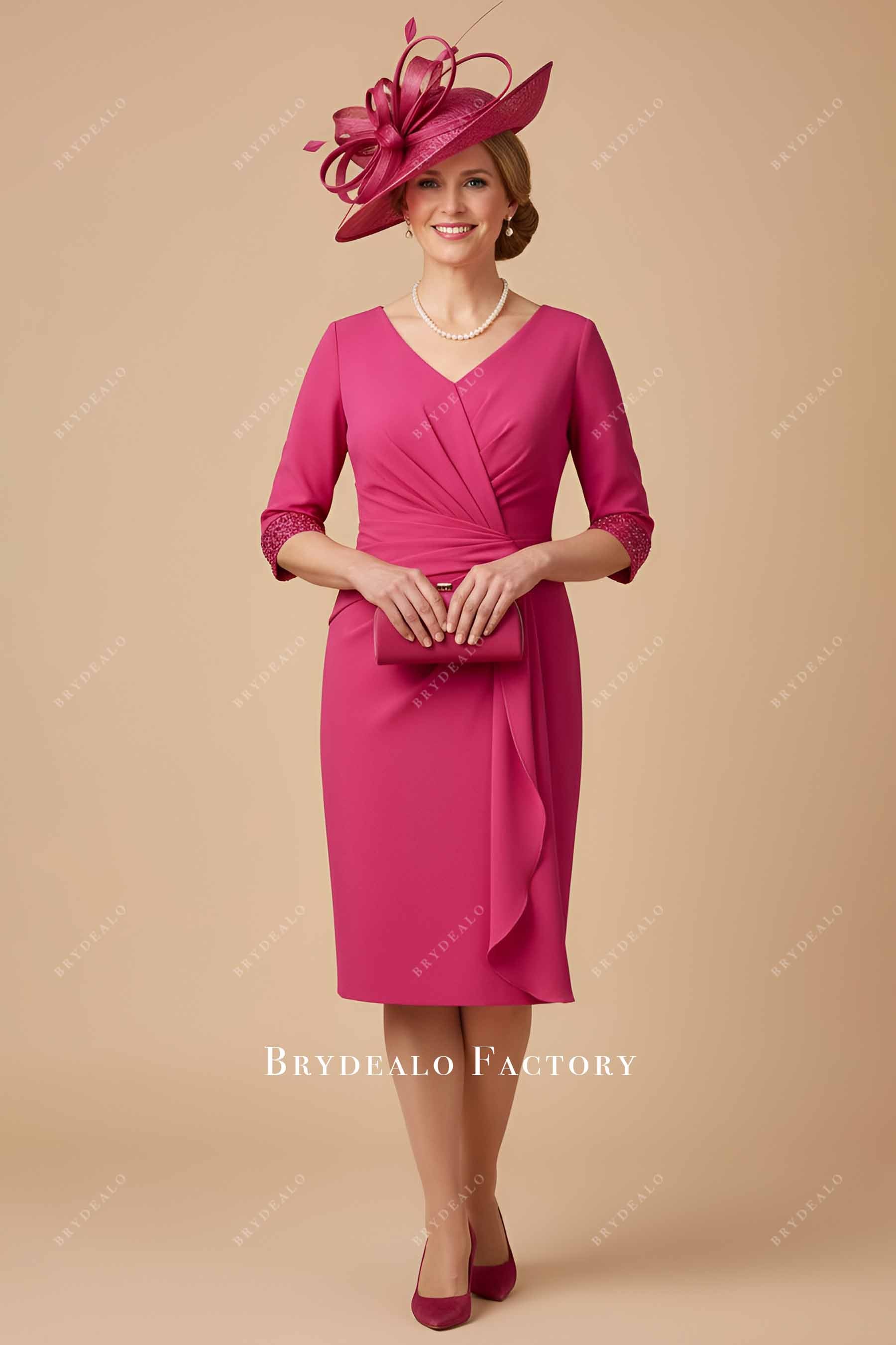 Fuchsia V-Neck Half Sleeves Midi Mother of the Bride Dress