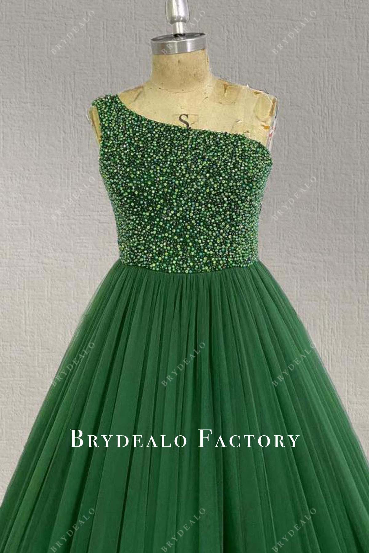 beaded emerald one shoulder pageant gown