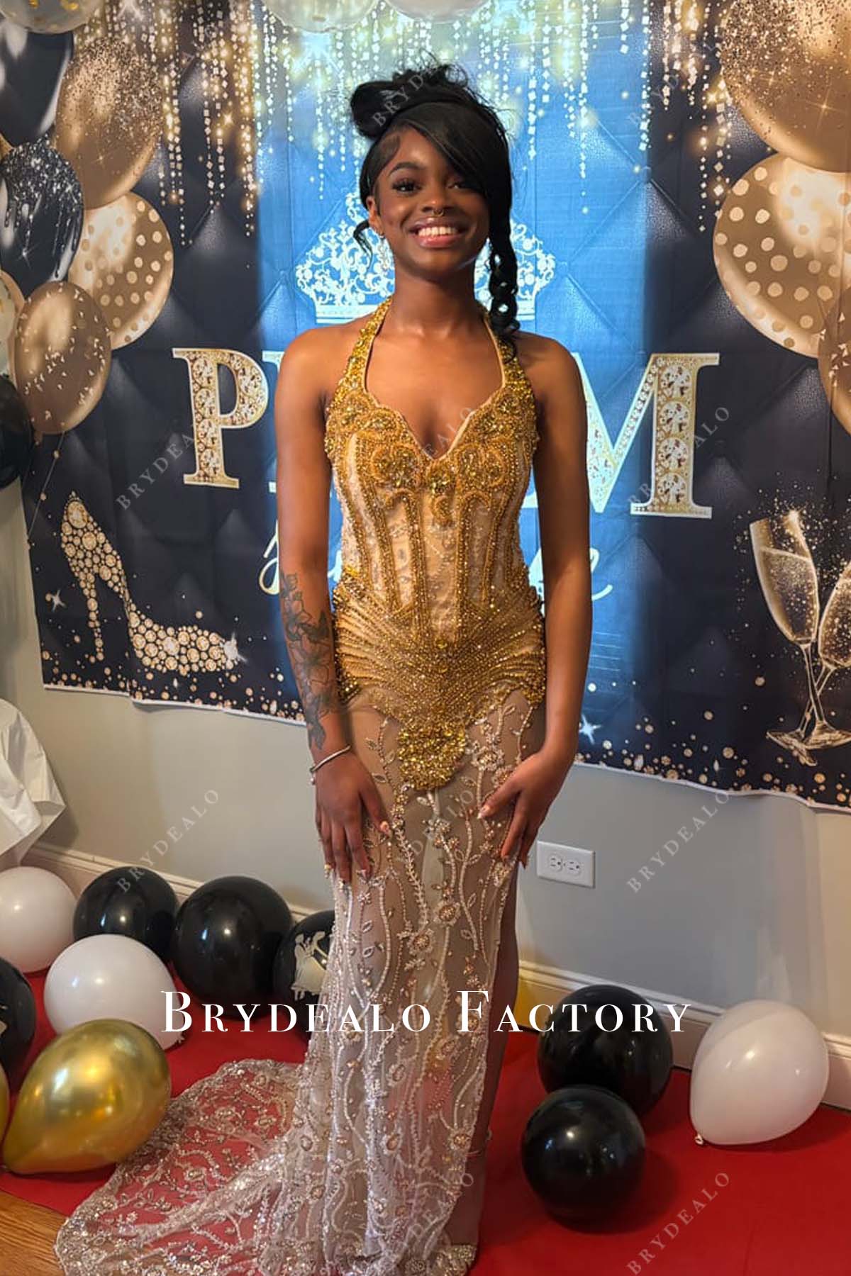 beaded gold rhinestone prom dress