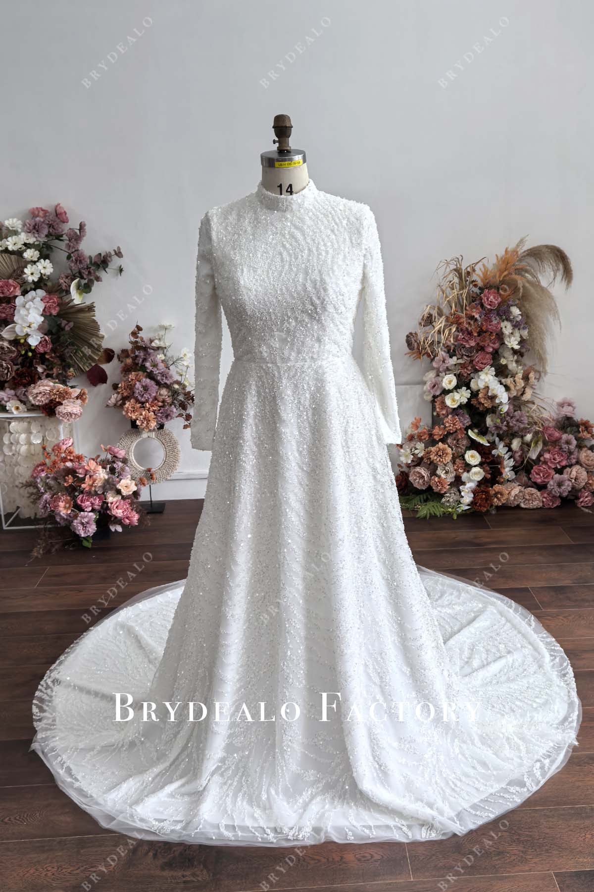 beaded high neck long sleeve custom A-line Muslim wedding dress