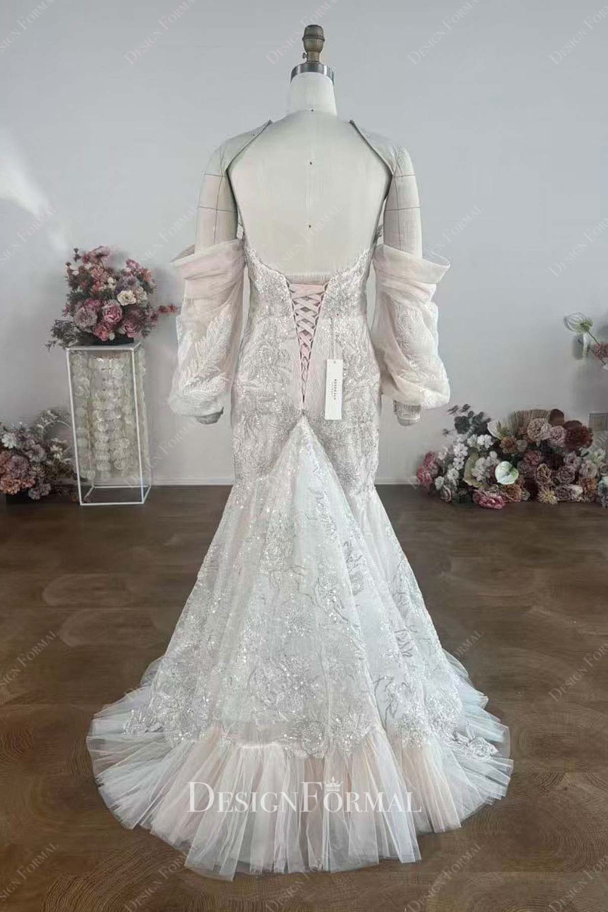 beaded lace bustle up mermaid wedding dress