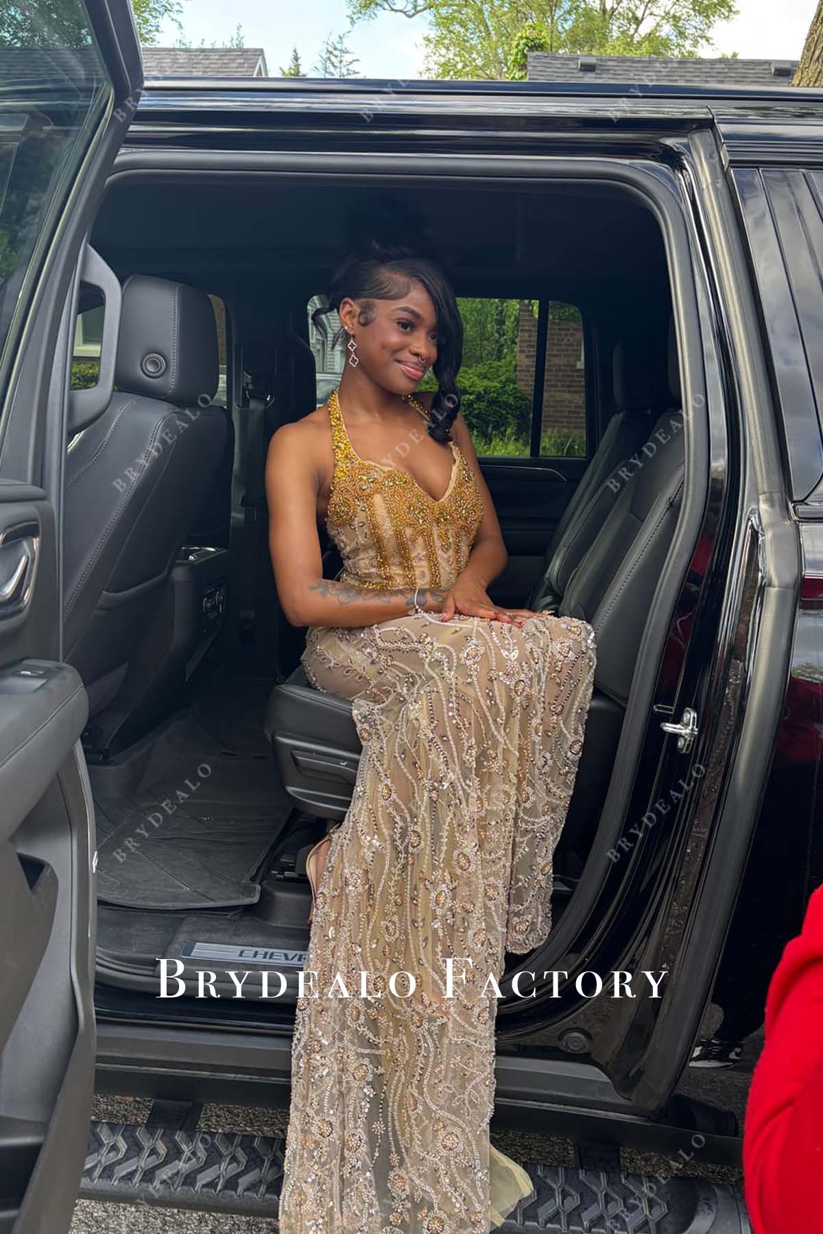 beaded lace long gold rhinestone prom dress