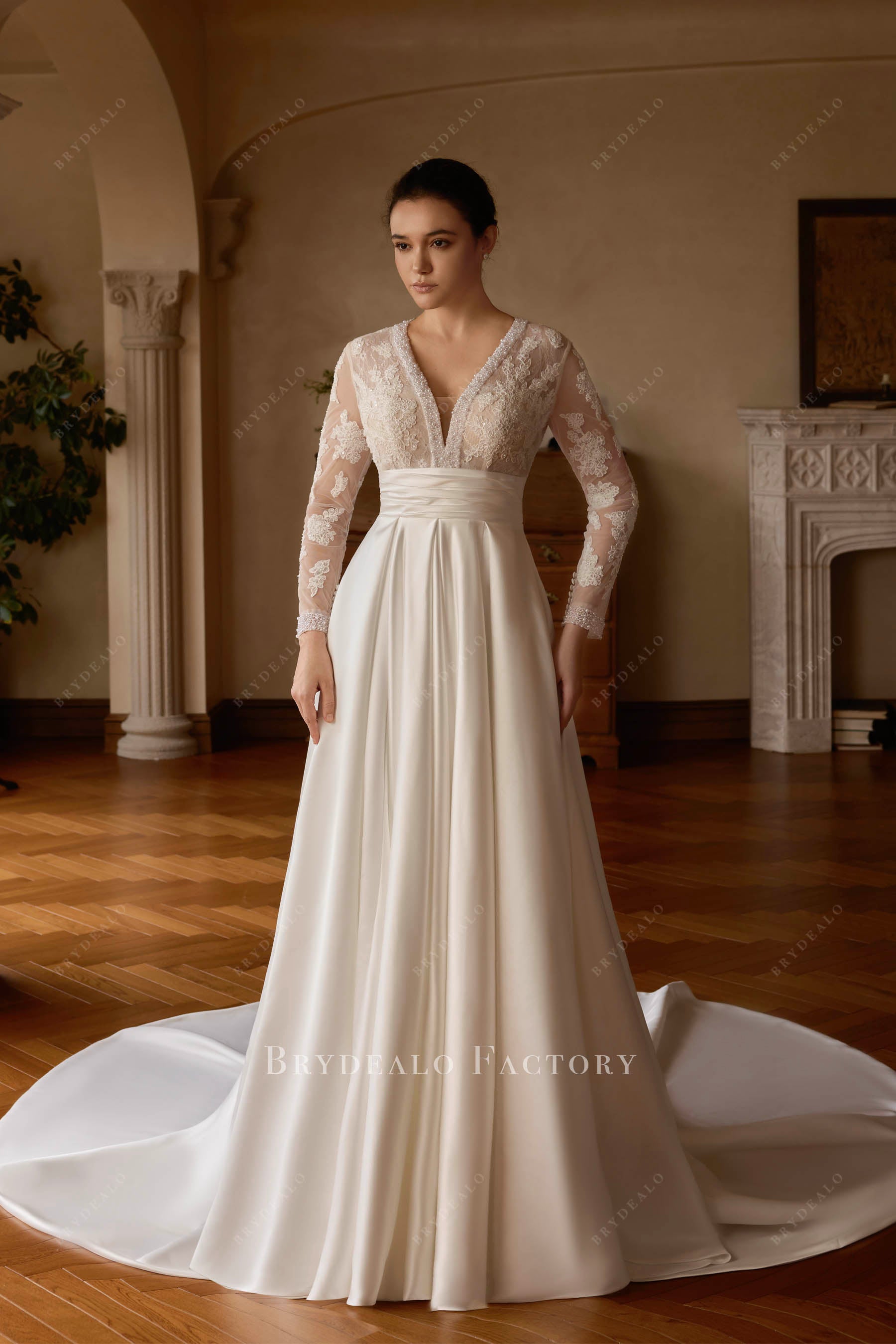 Pearl-Embellished Illusion Bodice A-Line Wedding Dress Pearl-Embellished Illusion Bodice A-Line Wedding Dress