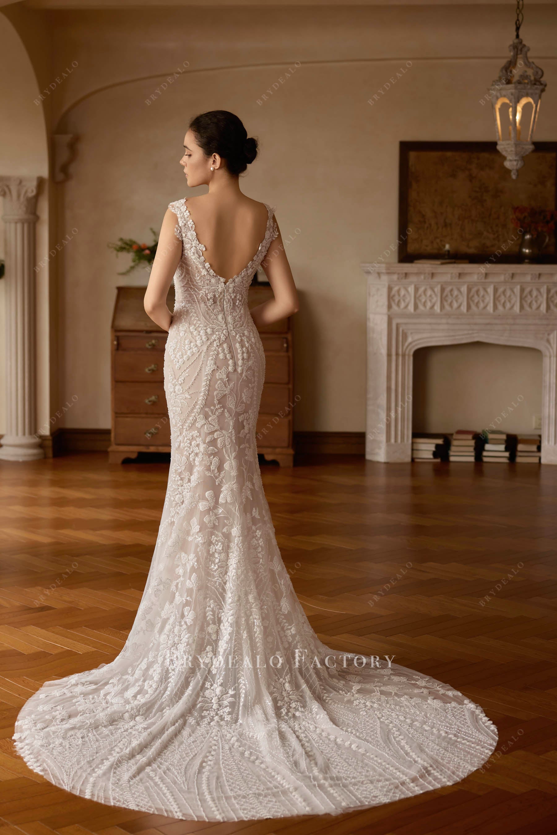 beaded lace mermaid long train wedding dress