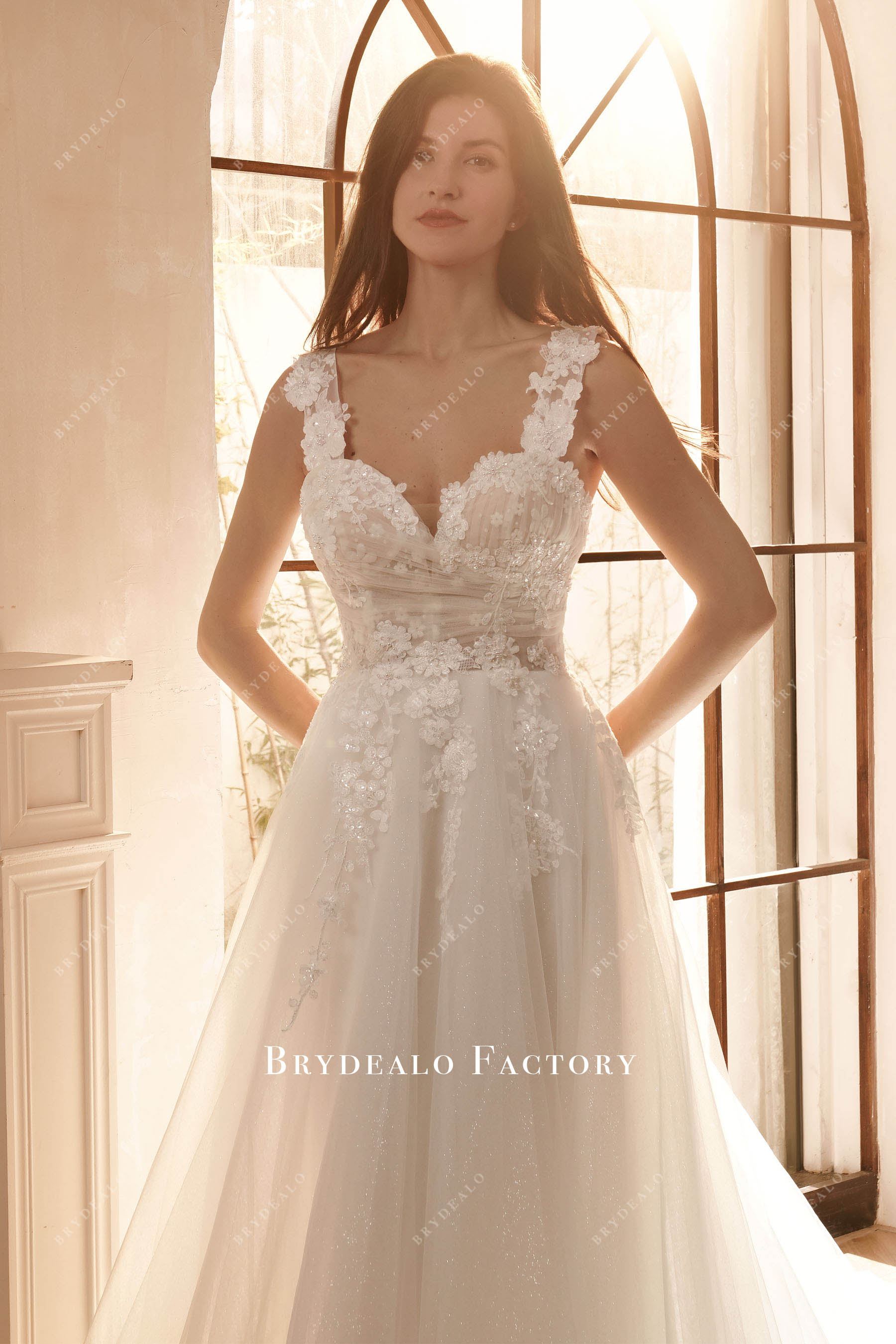 beaded lace pleated tulle wedding dress