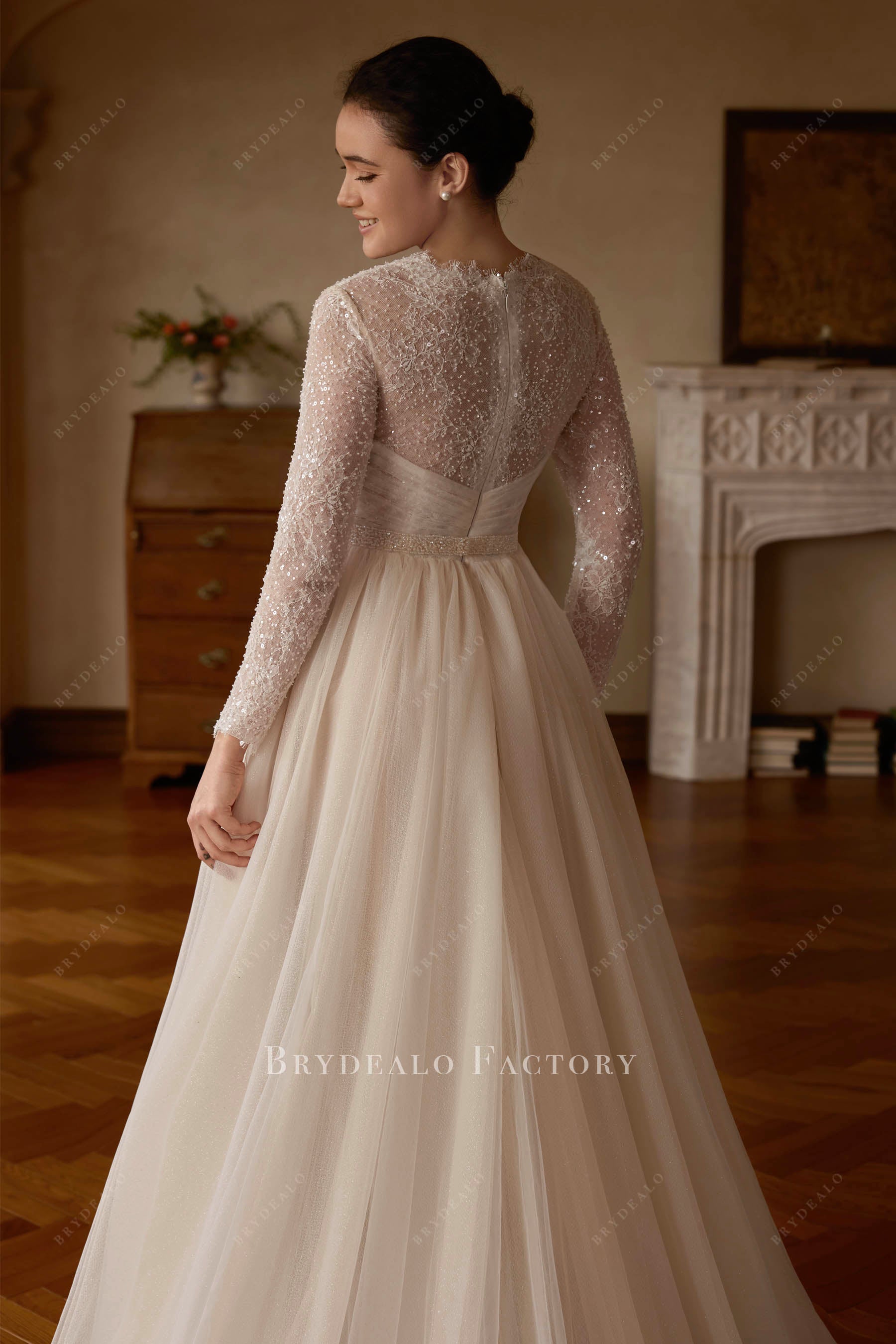 beaded lace sheer long sleeve wedding dress
