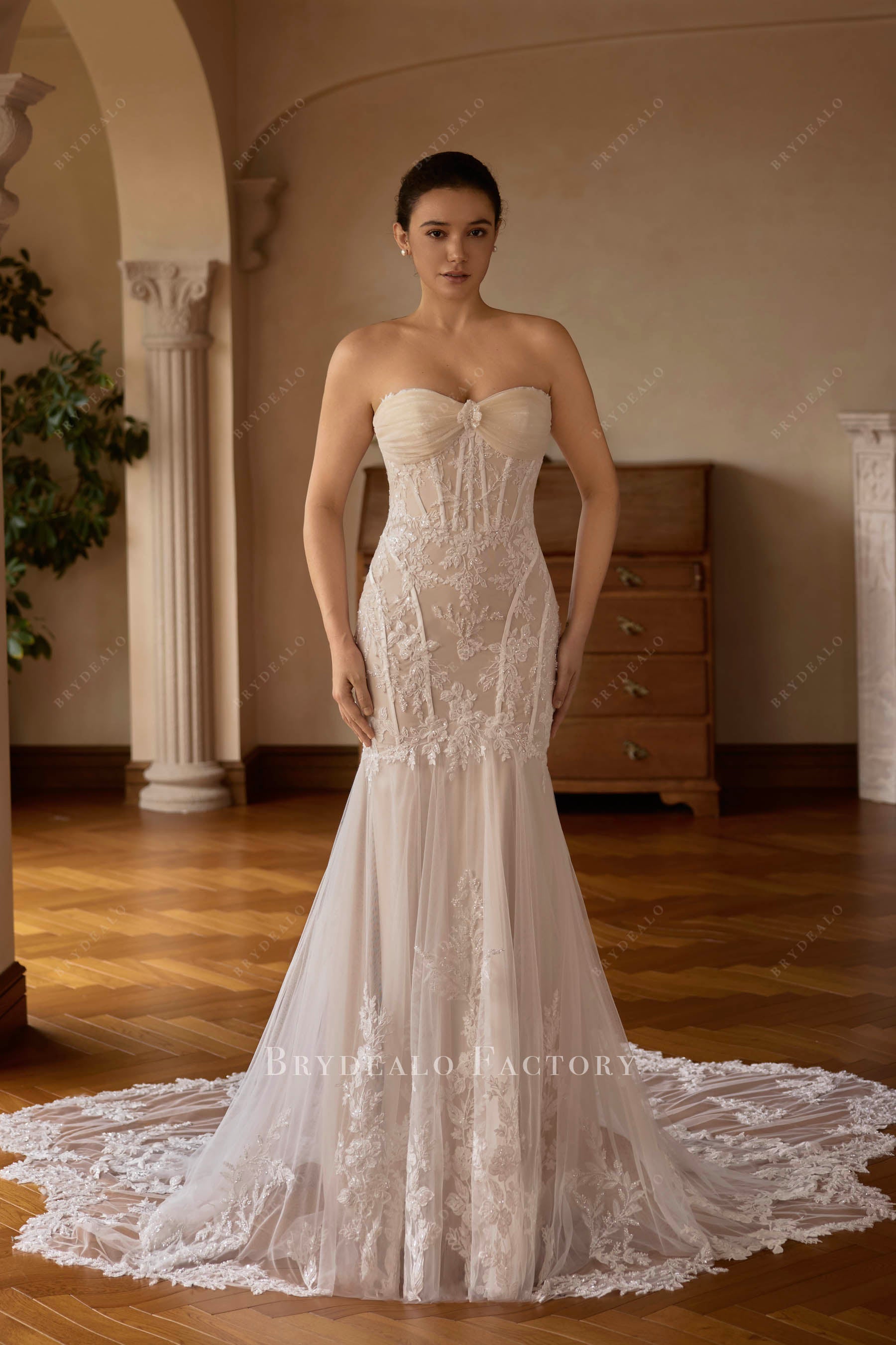 beaded lace strapless bridal dress
