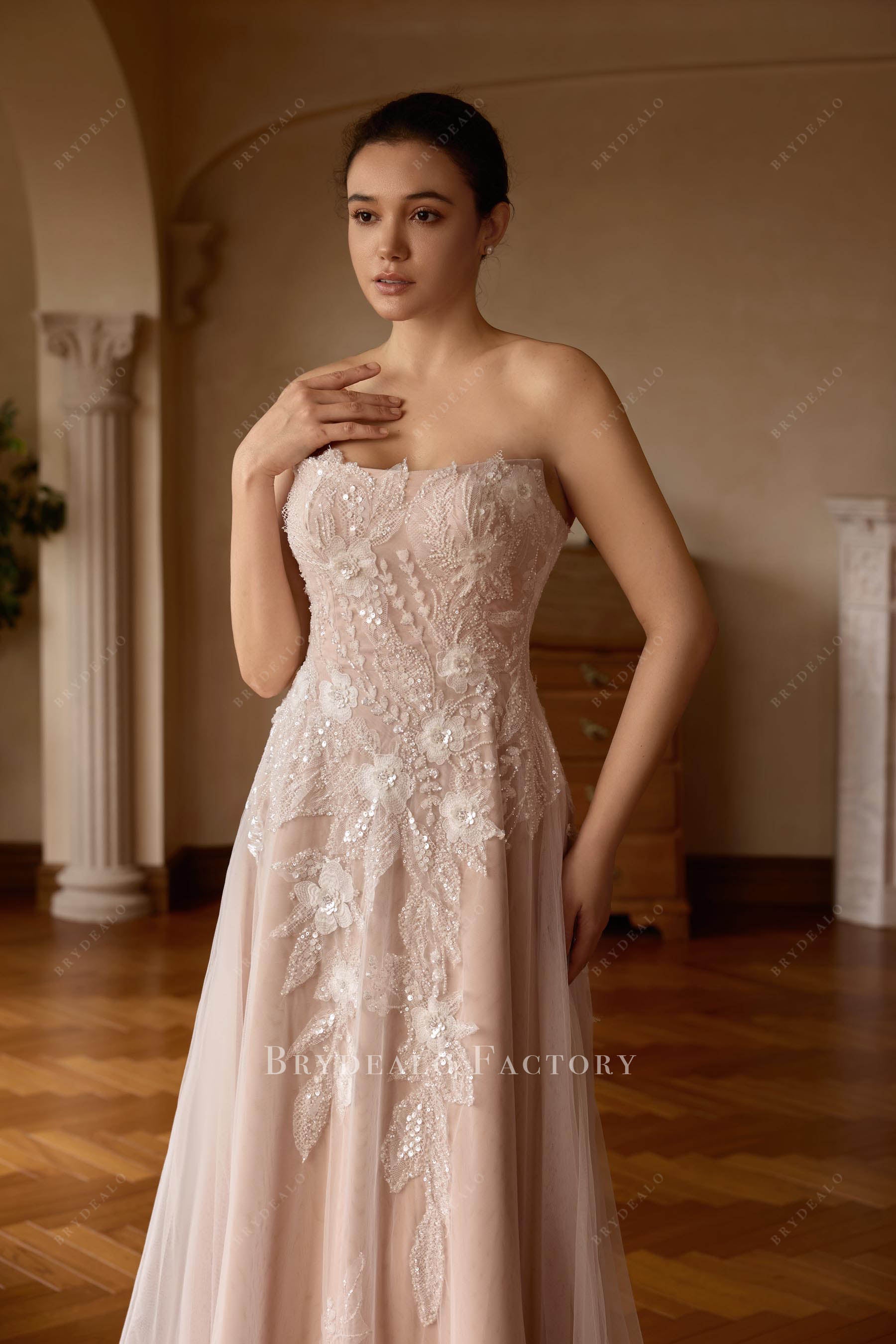 beaded lace strapless wedding dress