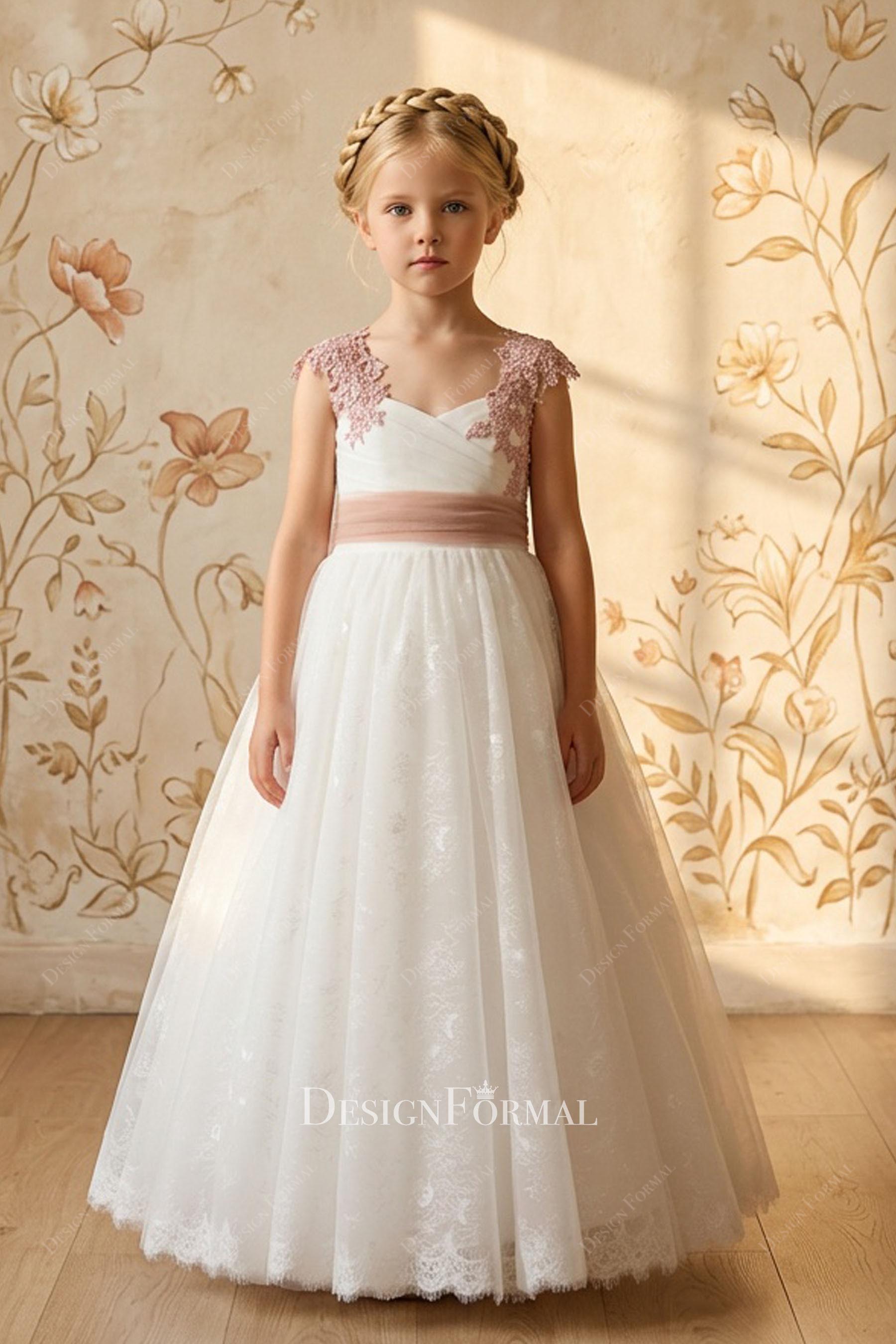 beaded lace straps a line flower girl dress