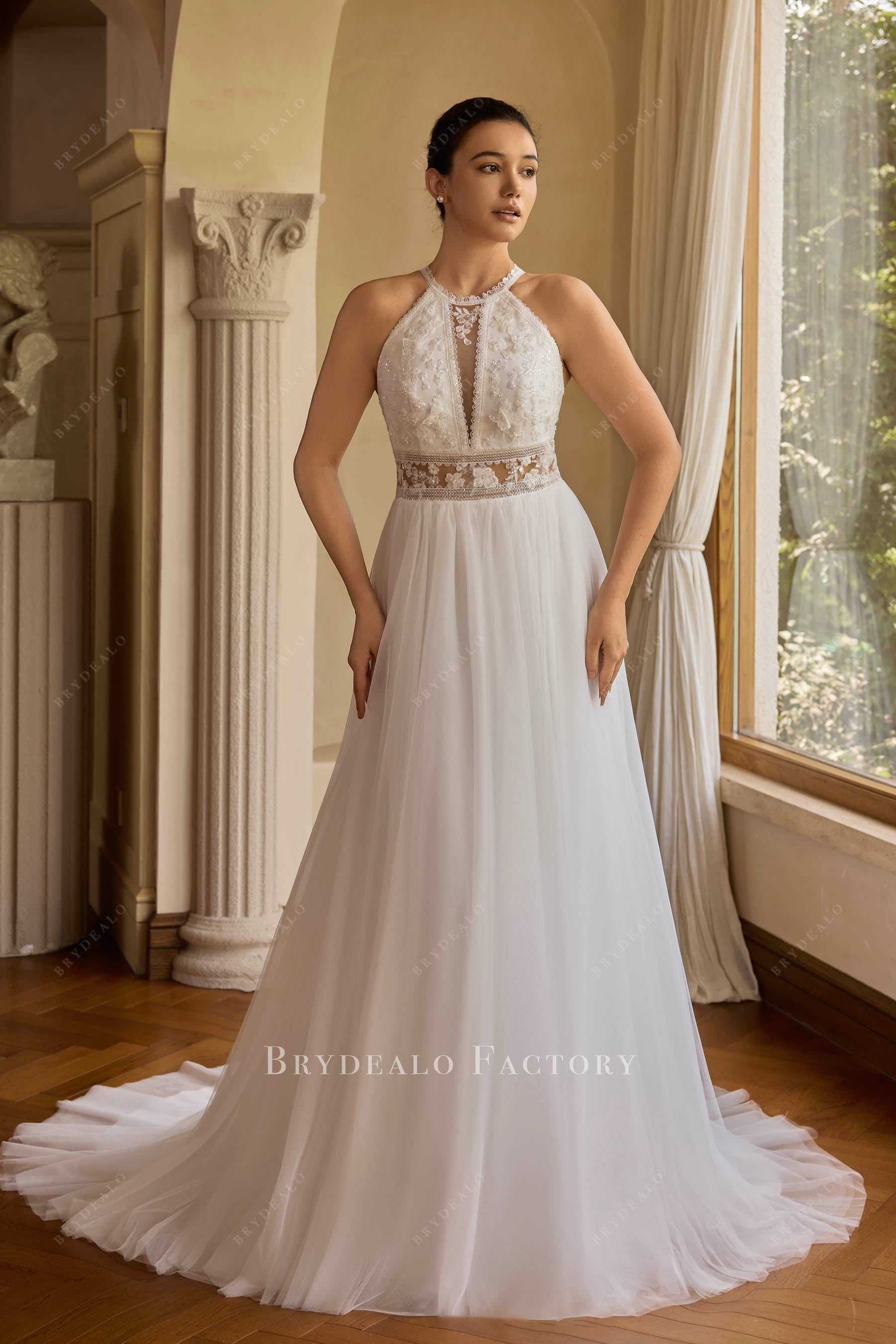 beaded lace tulle Aline wedding dress