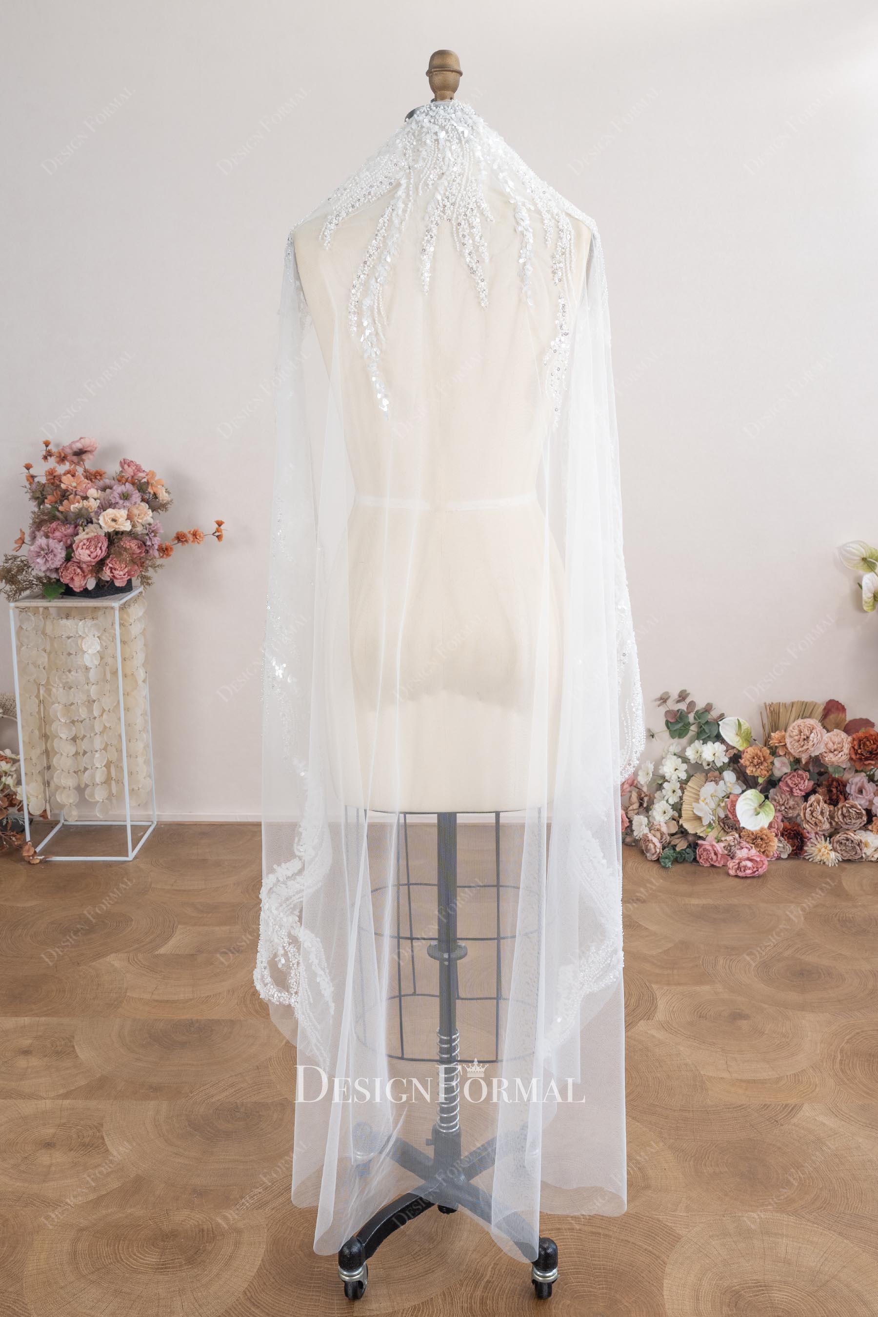 beaded lace tulle bridal veil