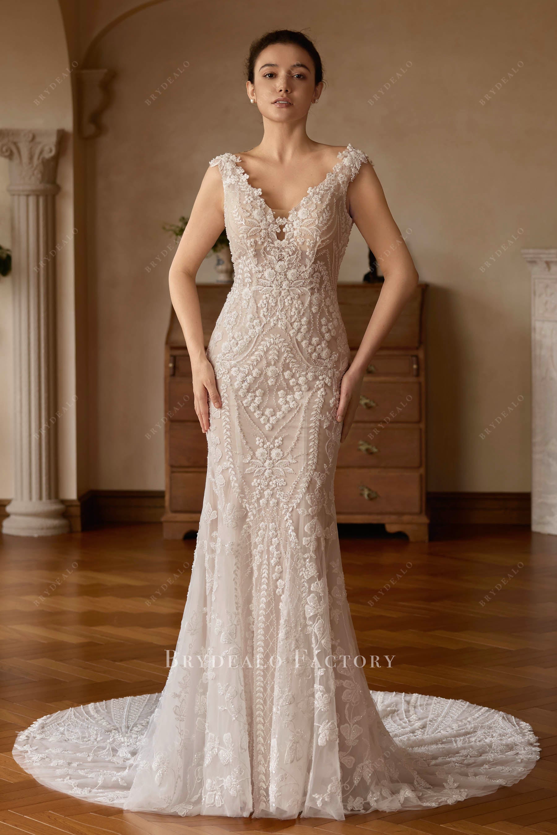 beaded lace wide straps wedding dress