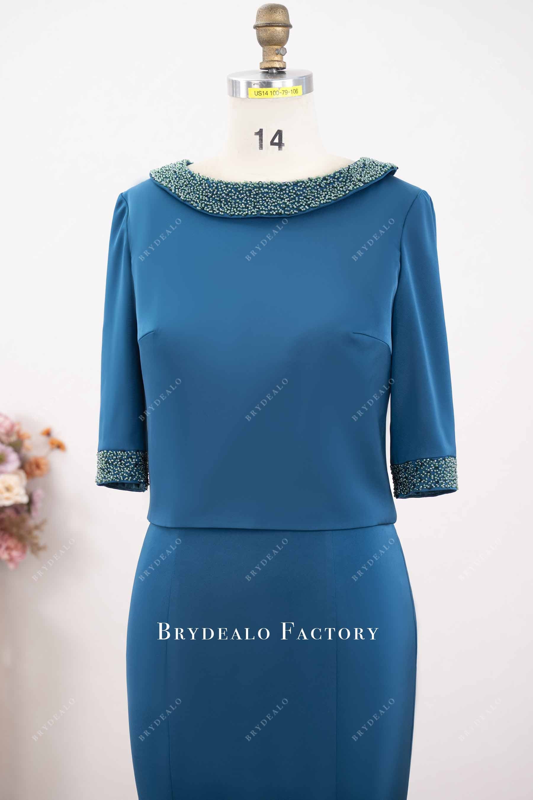 beaded neck peacock satin formal dress