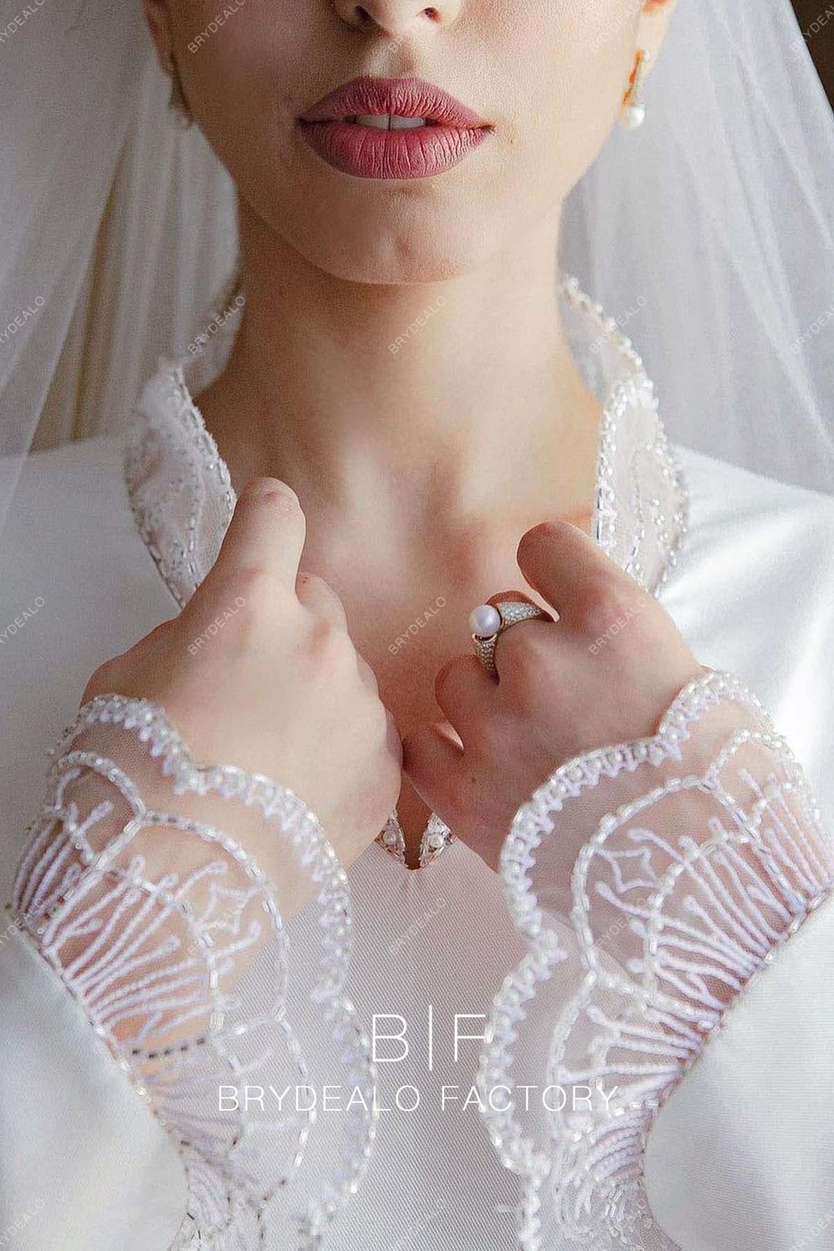Beaded High Neck Vintage Satin Long Sleeves Modest Wedding Dress Beaded High Neck Vintage Satin Long Sleeves Modest Wedding Dress
