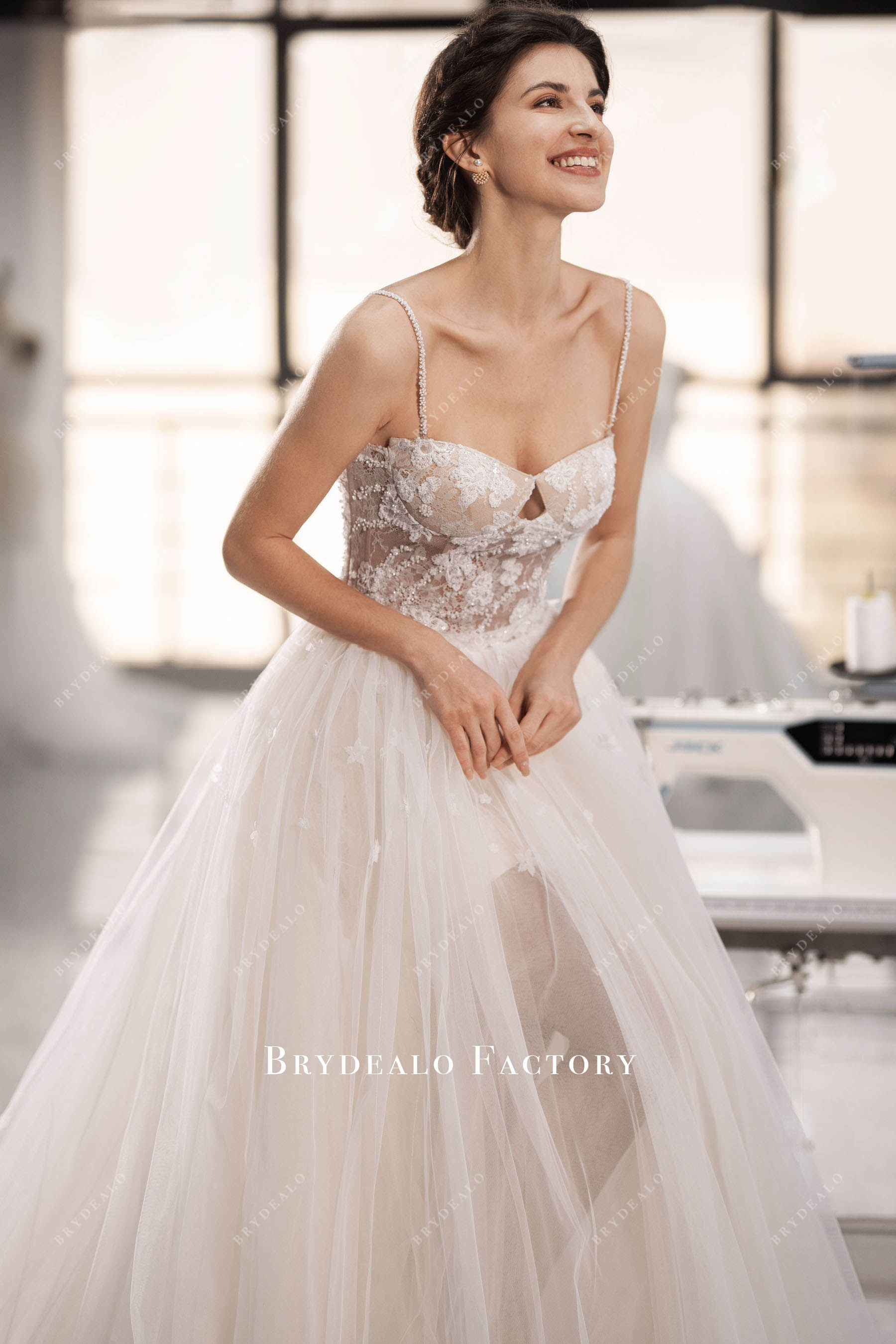 beaded spaghetti straps wedding dress