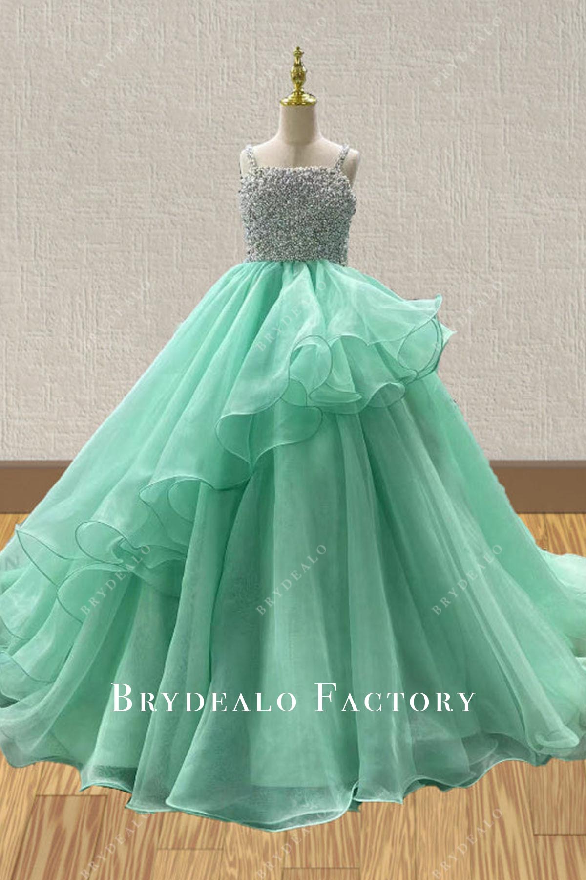 Pageant Dress | Beaded Turquoise Ruffled A-Line Court Train Kids Gown Pageant Dress | Beaded Turquoise Ruffled A-Line Court Train Kids Gown