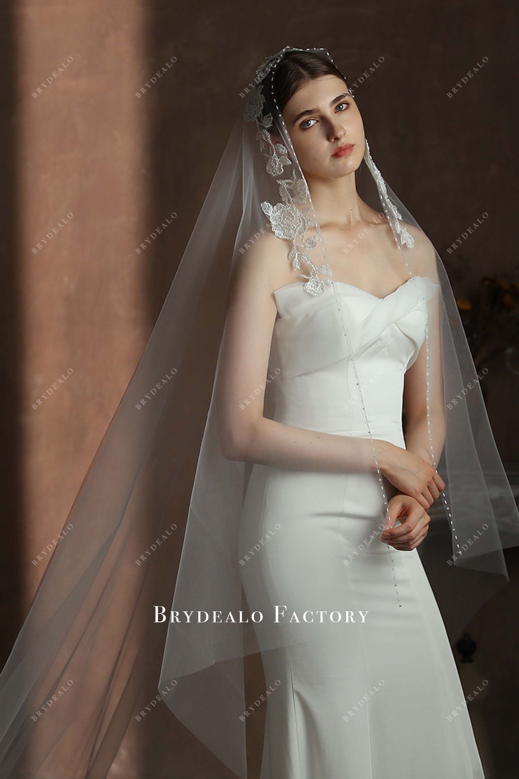 beading tulle bridal veil